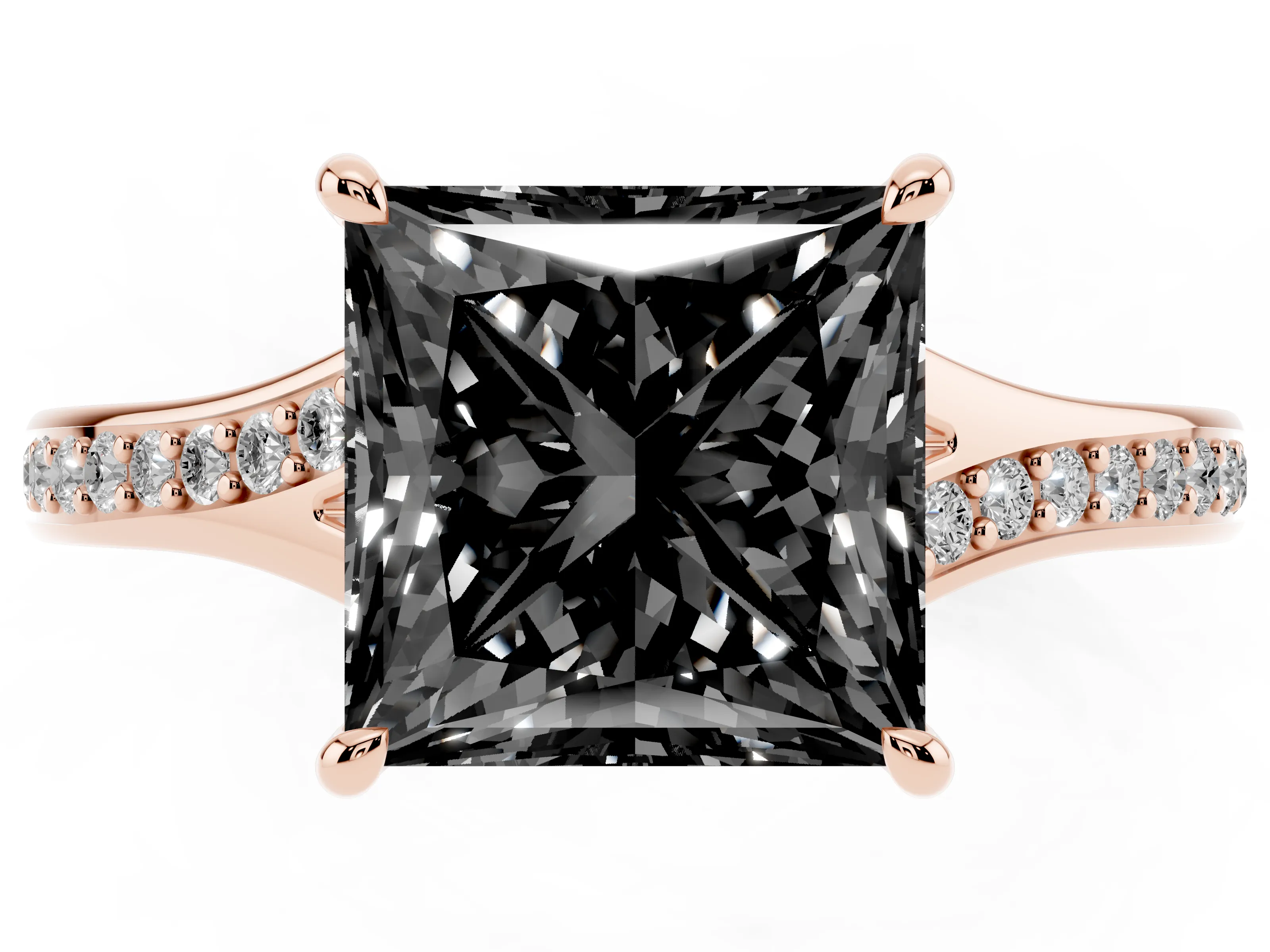Fancy Black Princess Cut Diamond Solitaire Ring Set in Rose gold with Pavé Accent Band and Classic Prong Setting