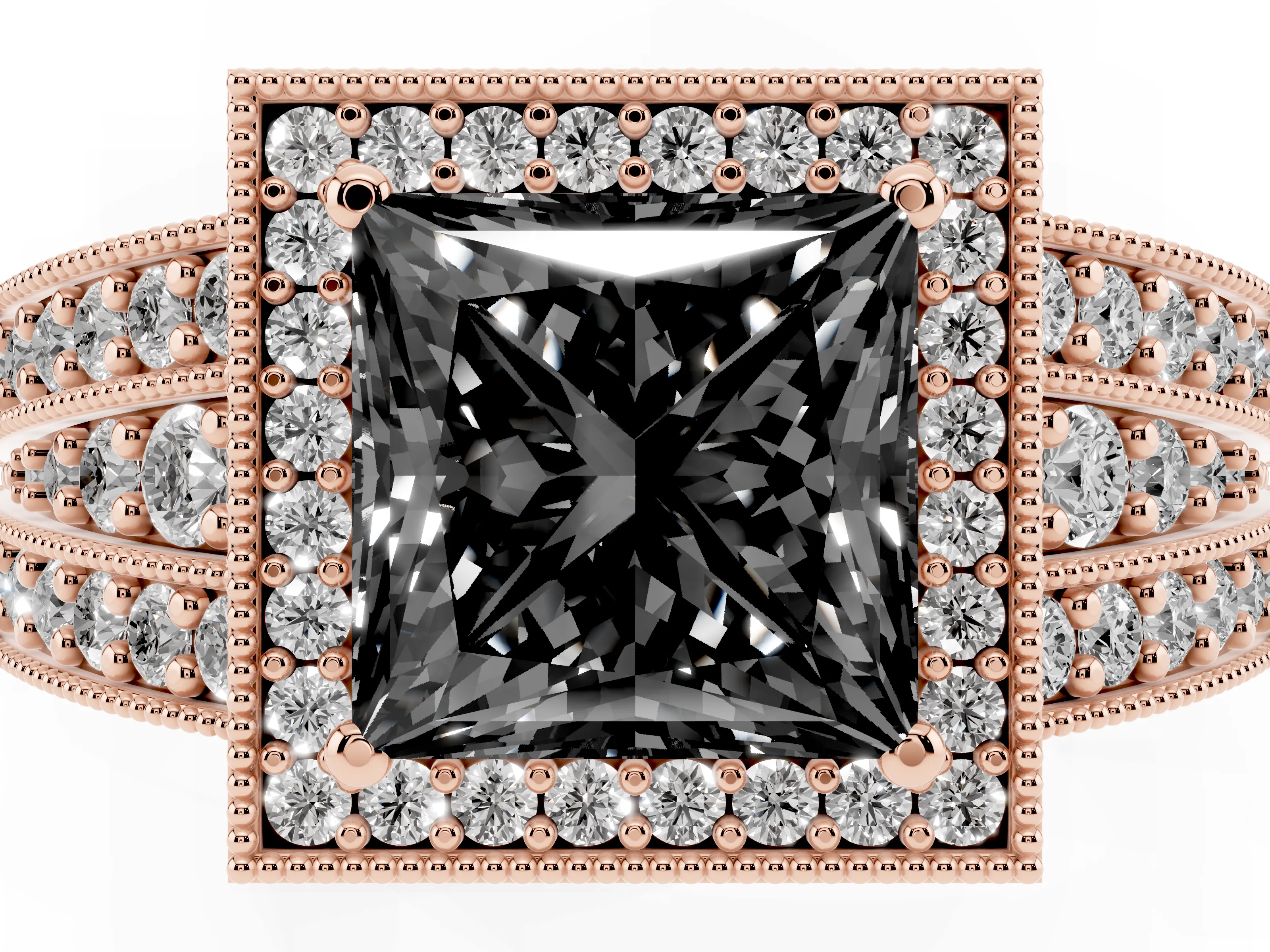 Fancy Black Princess Cut Diamond Halo Ring Set in Rose gold with Accent Split Shank and Prong Setting