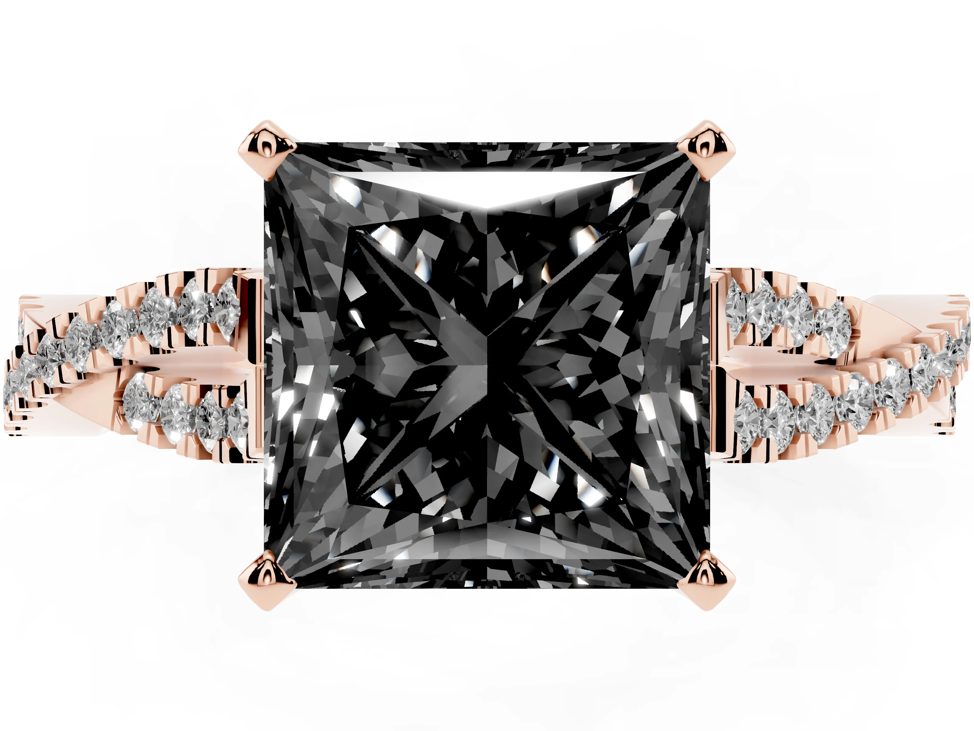 Fancy Black Princess Cut Diamond Solitaire Engagement Ring Set in Rose gold with Twisted Pavé Band and Prong Setting