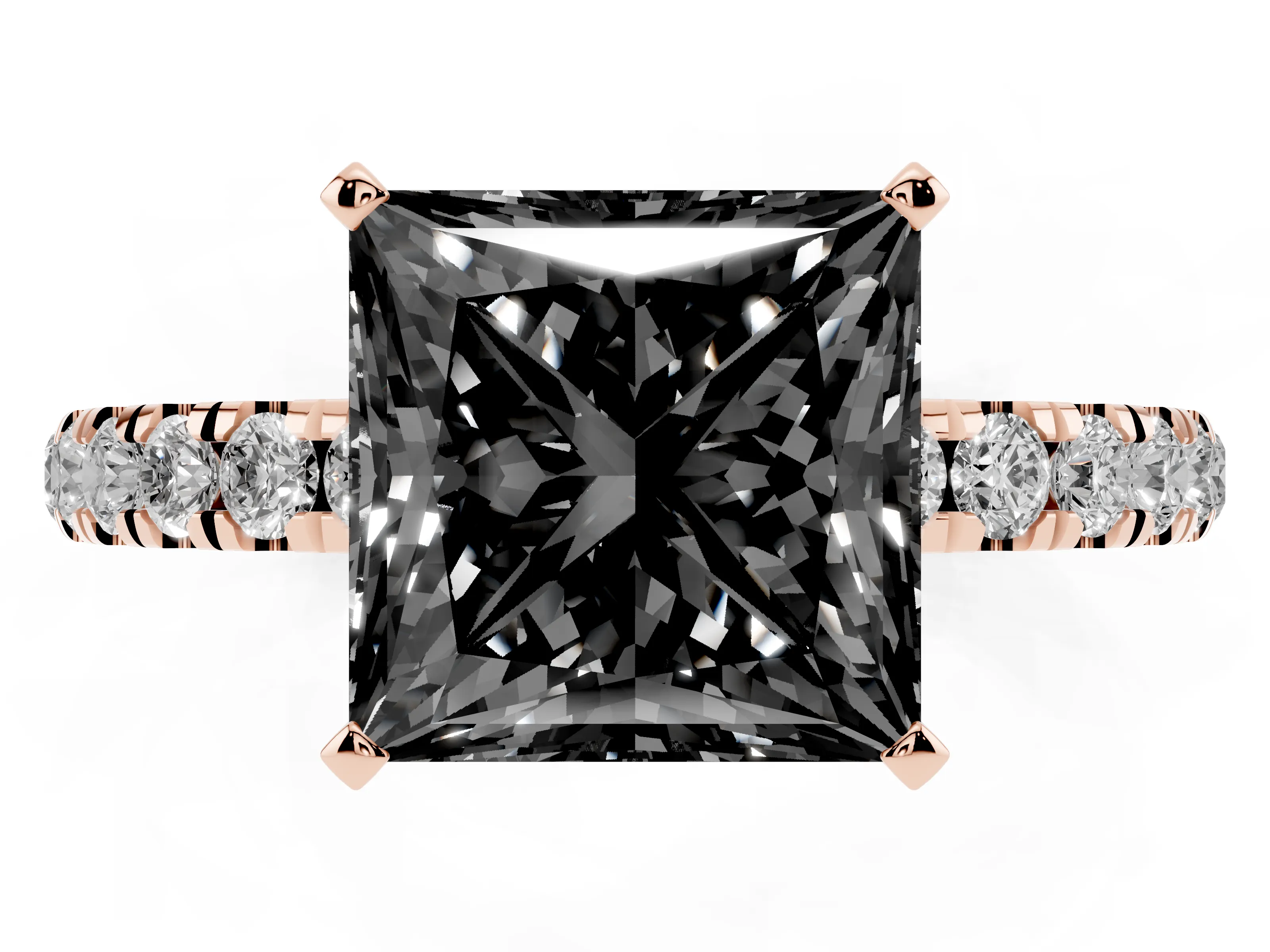 Fancy Black Princess Cut Diamond Solitaire Ring Set in Rose gold with Pavé Accents and Prong Setting
