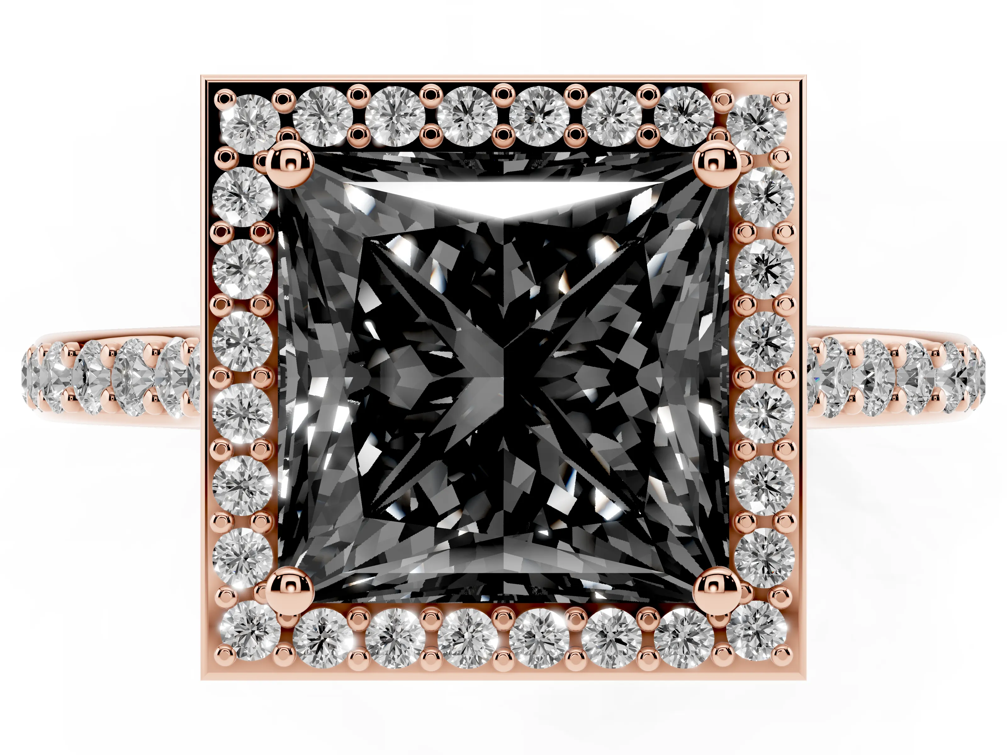 Fancy Black Princess Cut Diamond Halo Engagement Ring Set in Rose gold with Round Pavé Shoulders and Heart Gallery