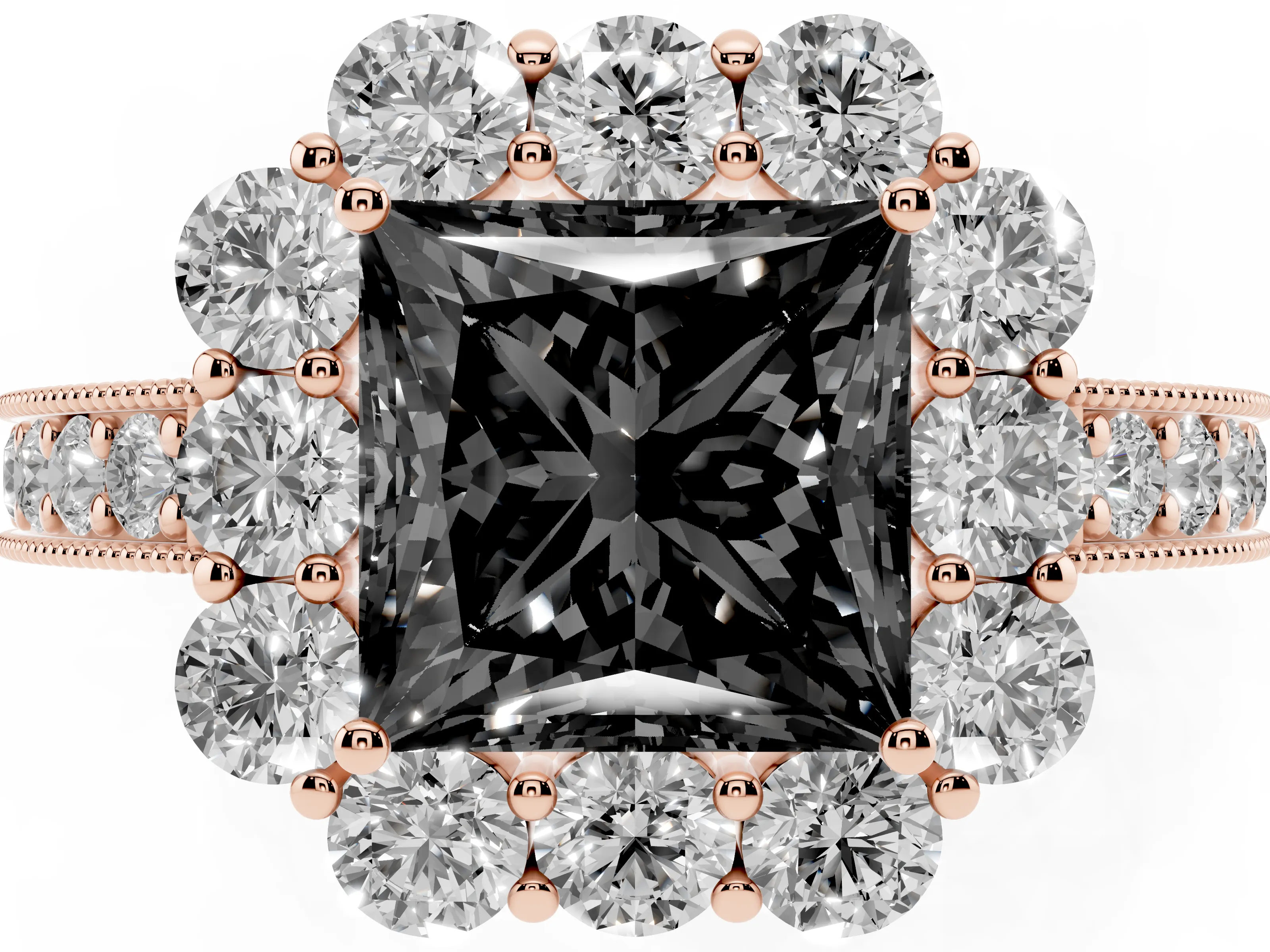 Fancy Black Princess Cut Diamond Halo Pavé Engagement Ring Set in Rose gold with Milgrain Detailing