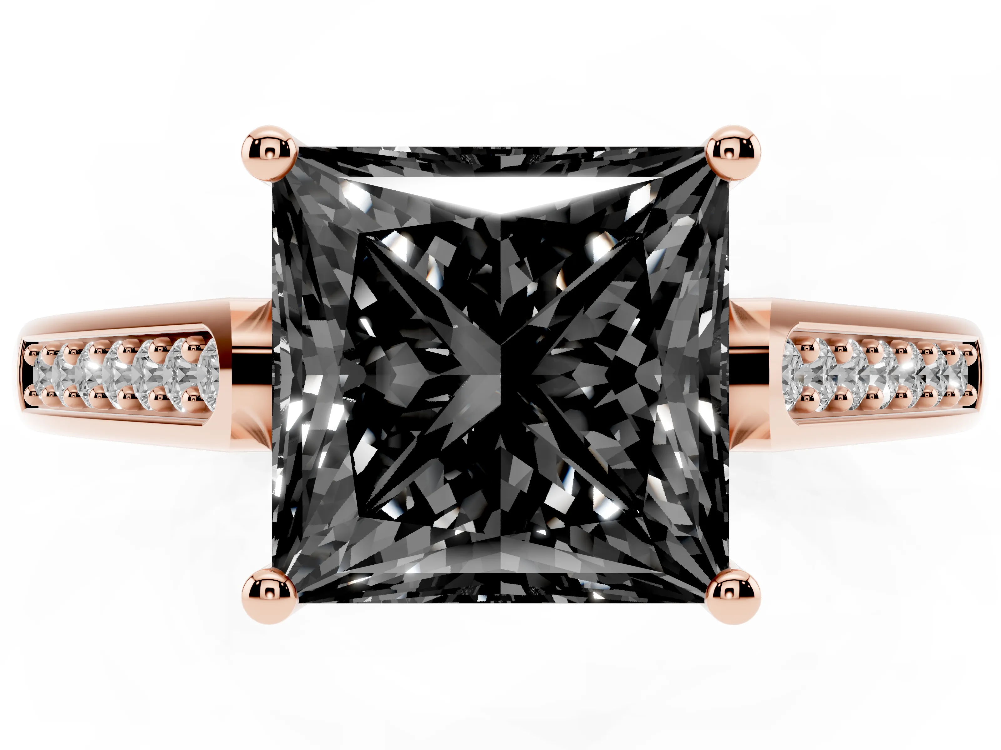 Fancy Black Princess Cut Diamond Solitaire Cathedral Engagement Ring Set in Rose gold with Channel-Set Band and Prong Setting