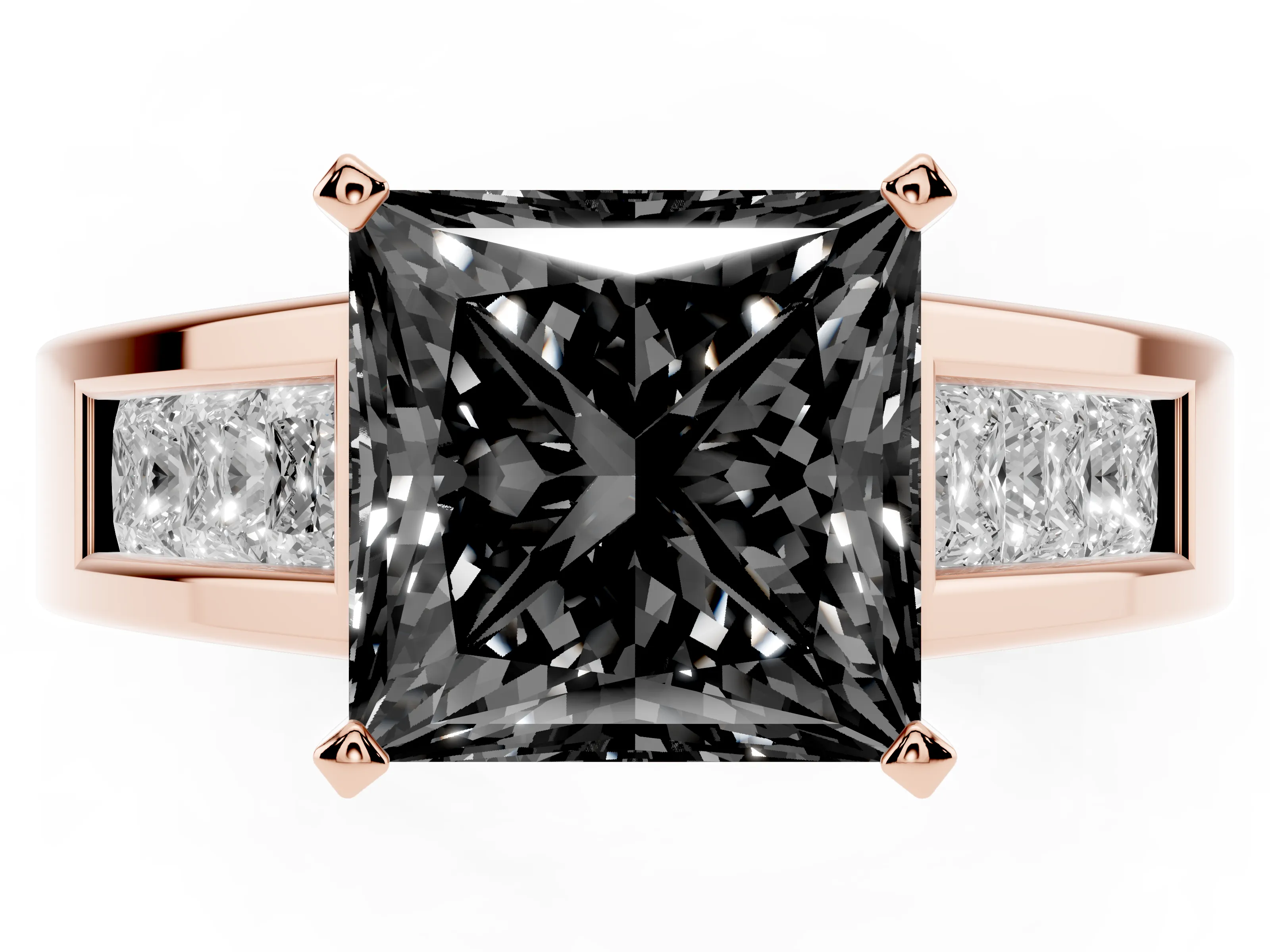 Fancy Black Princess Cut Diamond Solitaire Ring Set in Rose gold with Channel-Set Accent Stones and Prong Setting