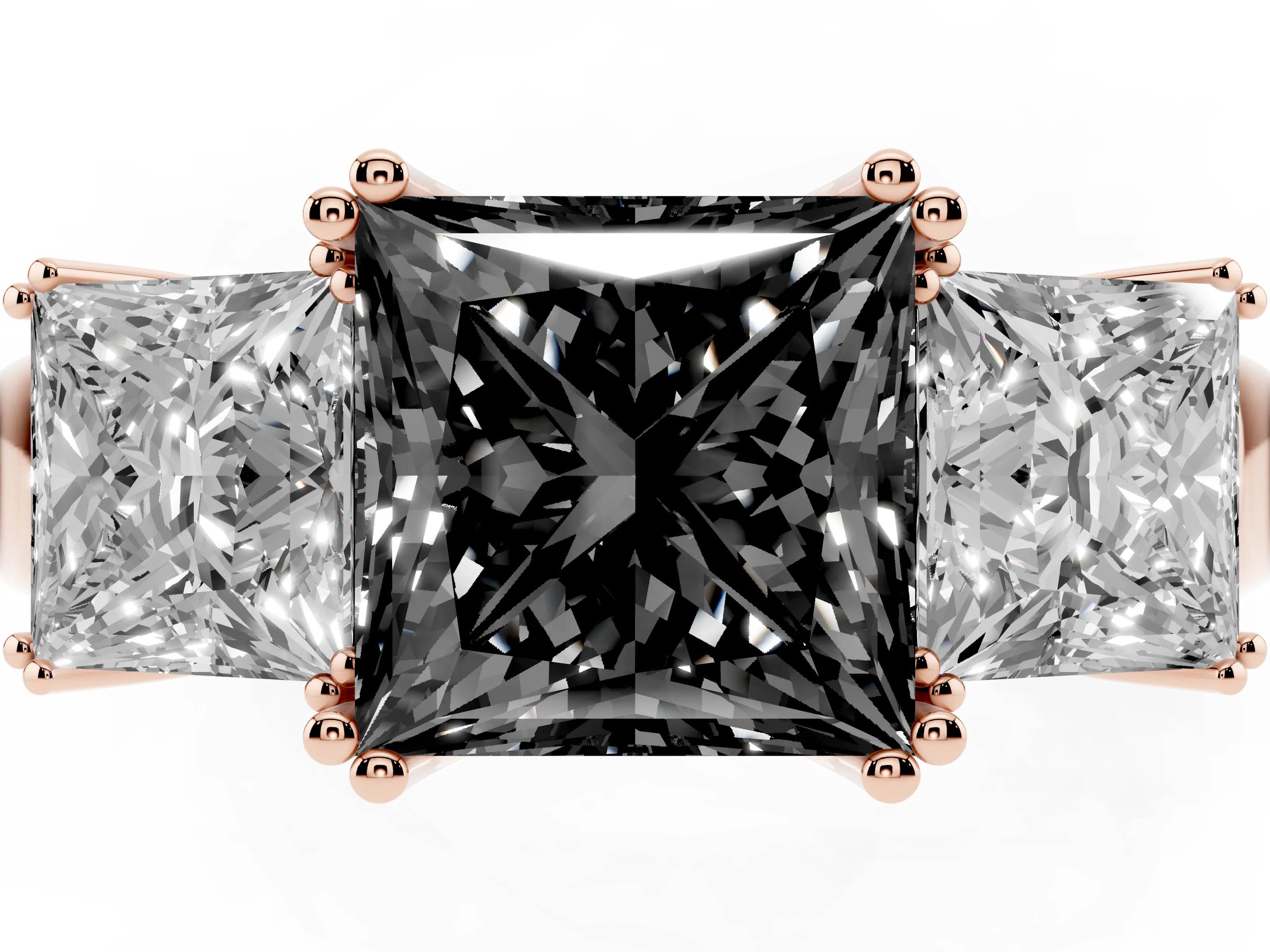 Fancy Black Princess Cut Diamond Three-Stone Ring Set in Rose gold with Polished Channel-Set Band
