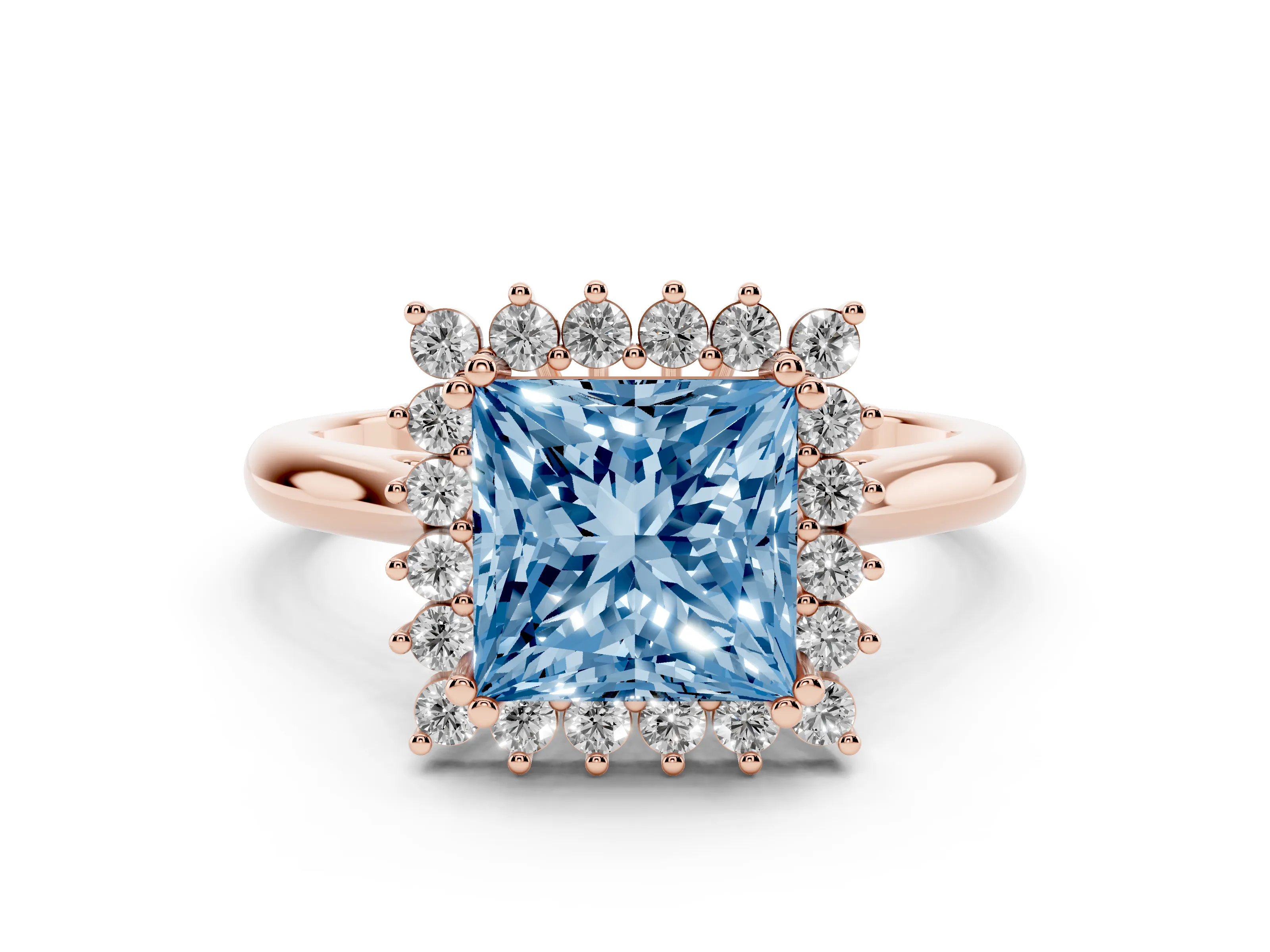 Fancy Blue Princess Cut Diamond Halo Ring Set in Rose gold with Plain Solitaire Band and Prong Setting