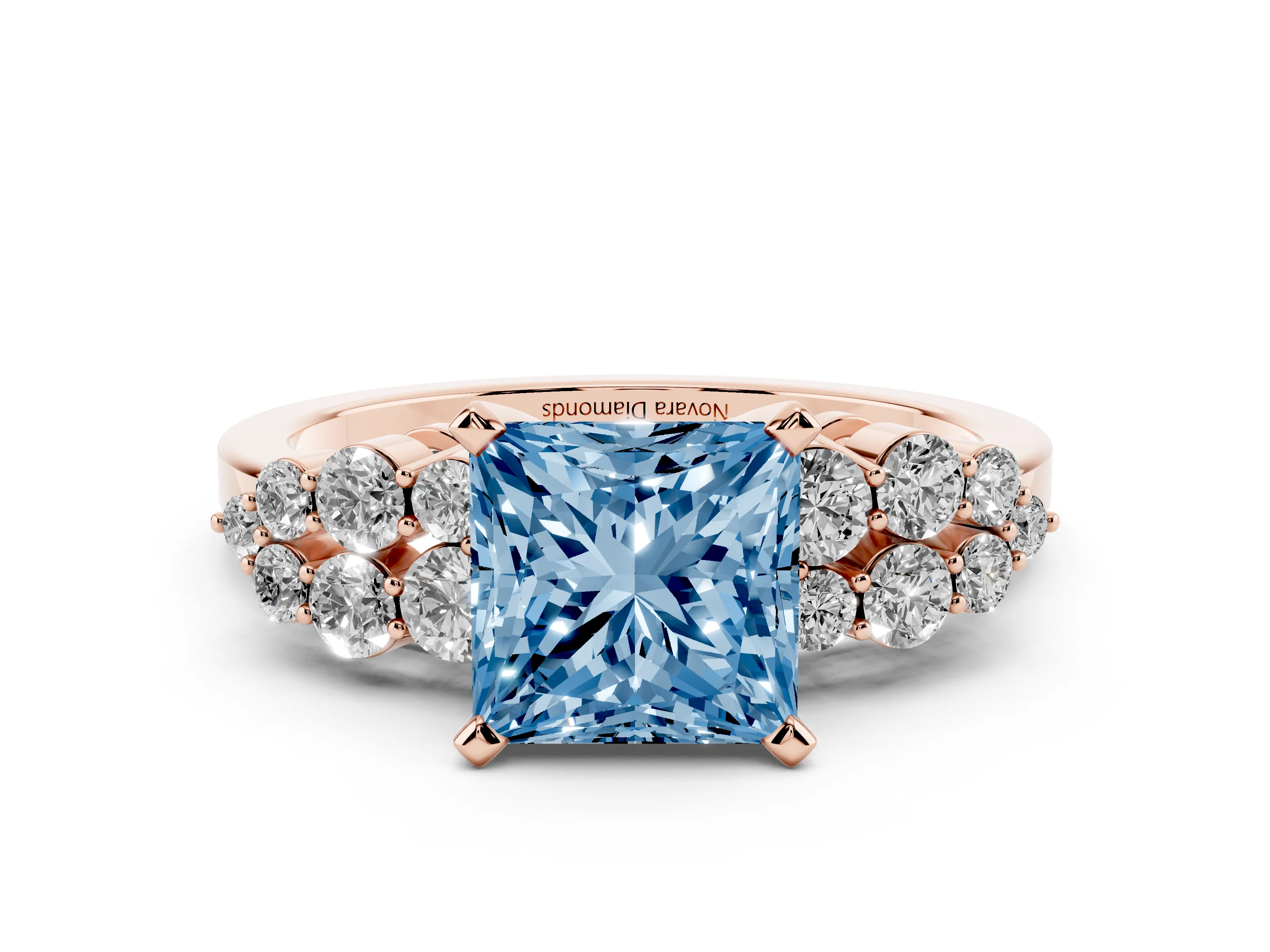 Fancy Blue Princess Cut Diamond Cluster Engagement Ring Set in Rose gold with Pavé Band and Prong Setting