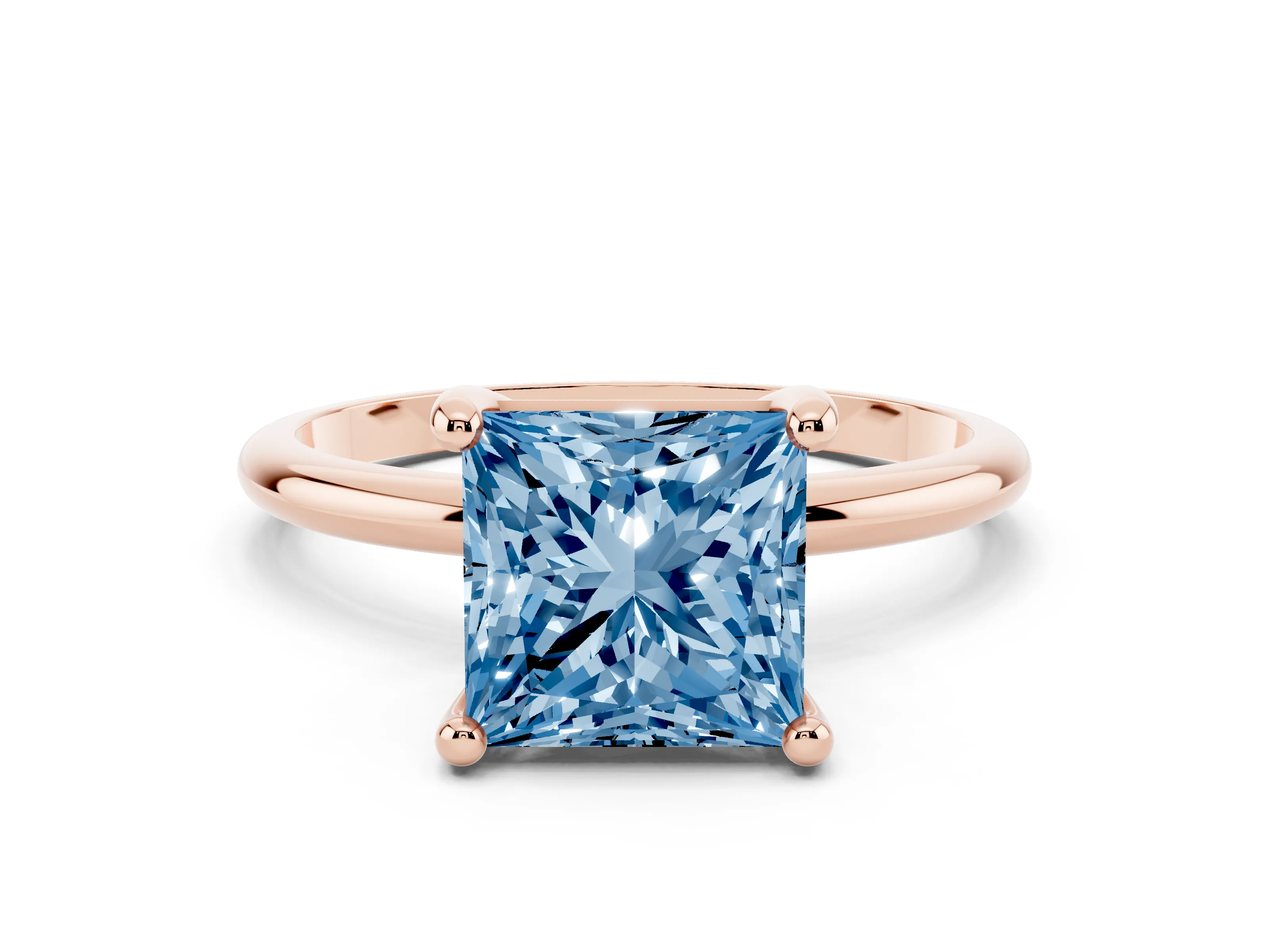 Fancy Blue Princess Cut Diamond Solitaire Ring Set in Rose gold with Secure Prong Setting on a Classic Band