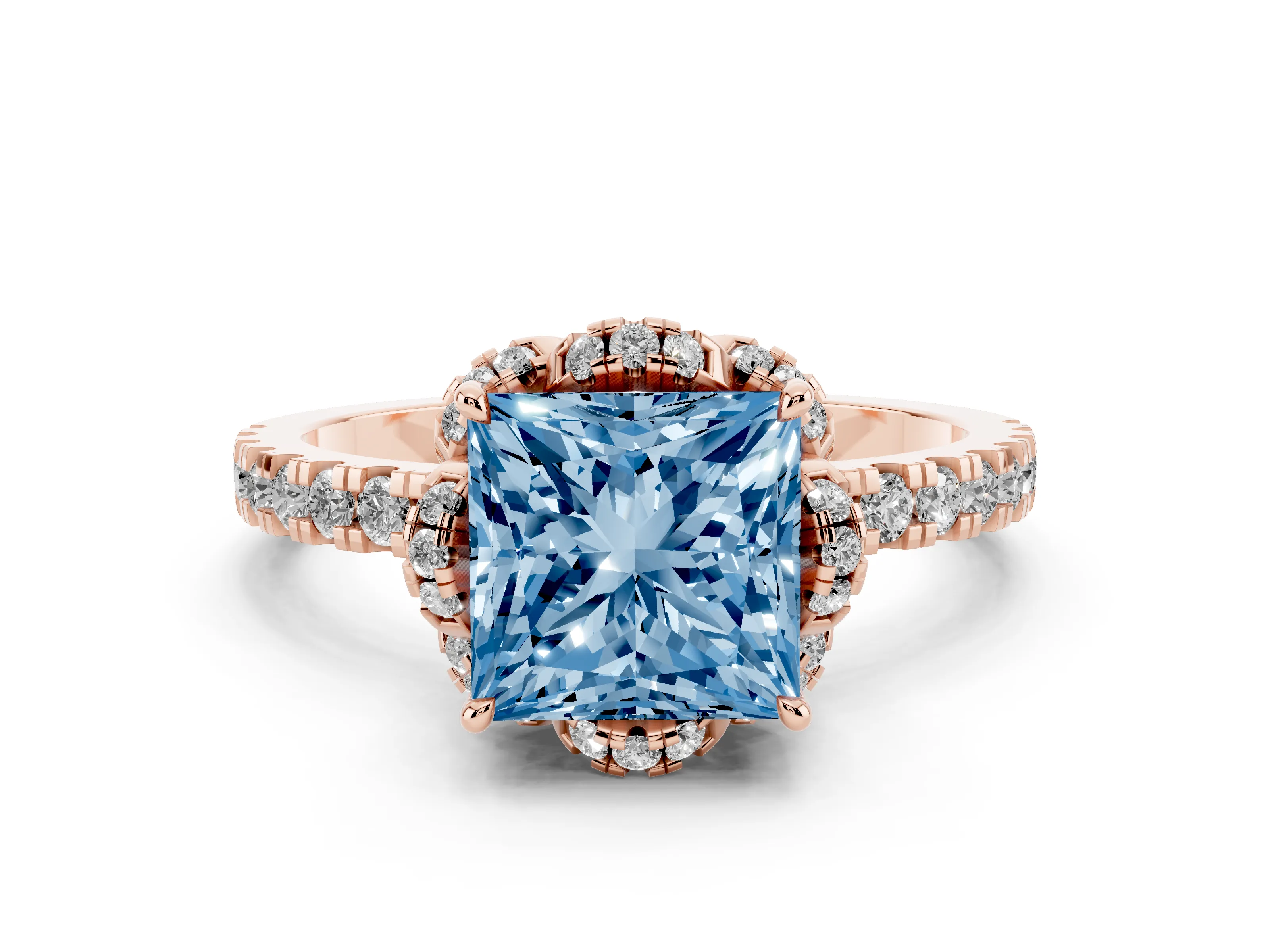 Fancy Blue Princess Cut Diamond Halo Pavé Band Ring Set in Rose gold with Prong-Held Center