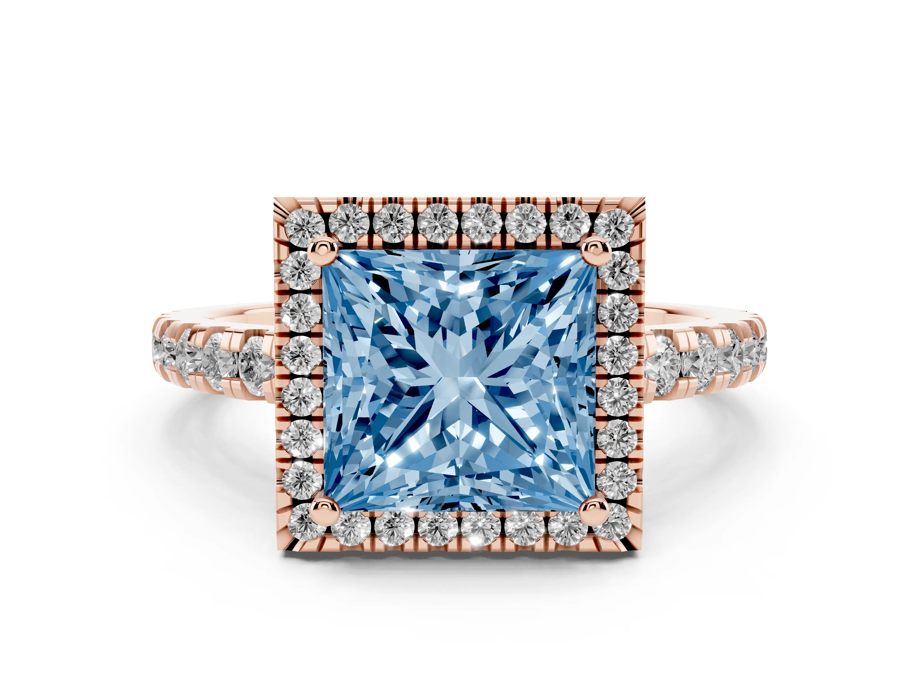 Fancy Blue Princess Cut Diamond Halo Ring Set in Rose gold with Delicate Pavé Band and Prong Setting