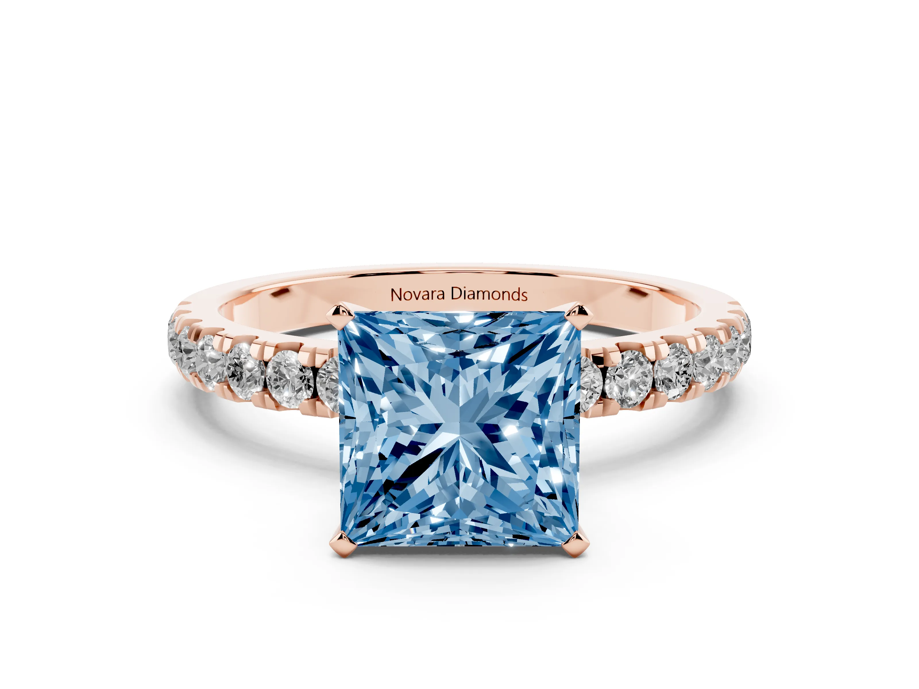 Fancy Blue Princess Cut Diamond Solitaire Ring Set in Rose gold with Pavé Accents and Prong Setting