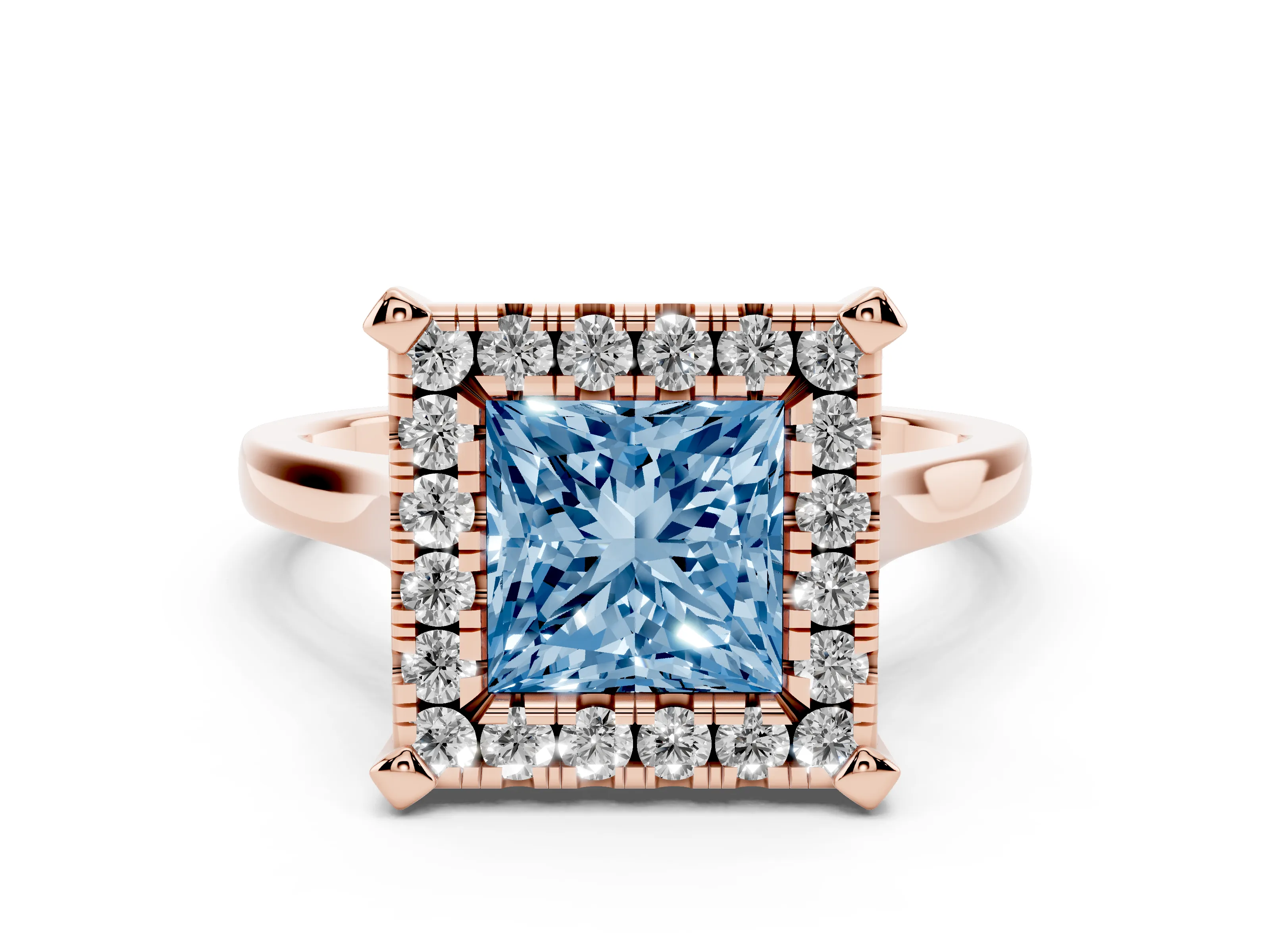 Fancy Blue Princess Cut Diamond Cluster Halo Solitaire Ring Set in Rose gold with Prong Setting