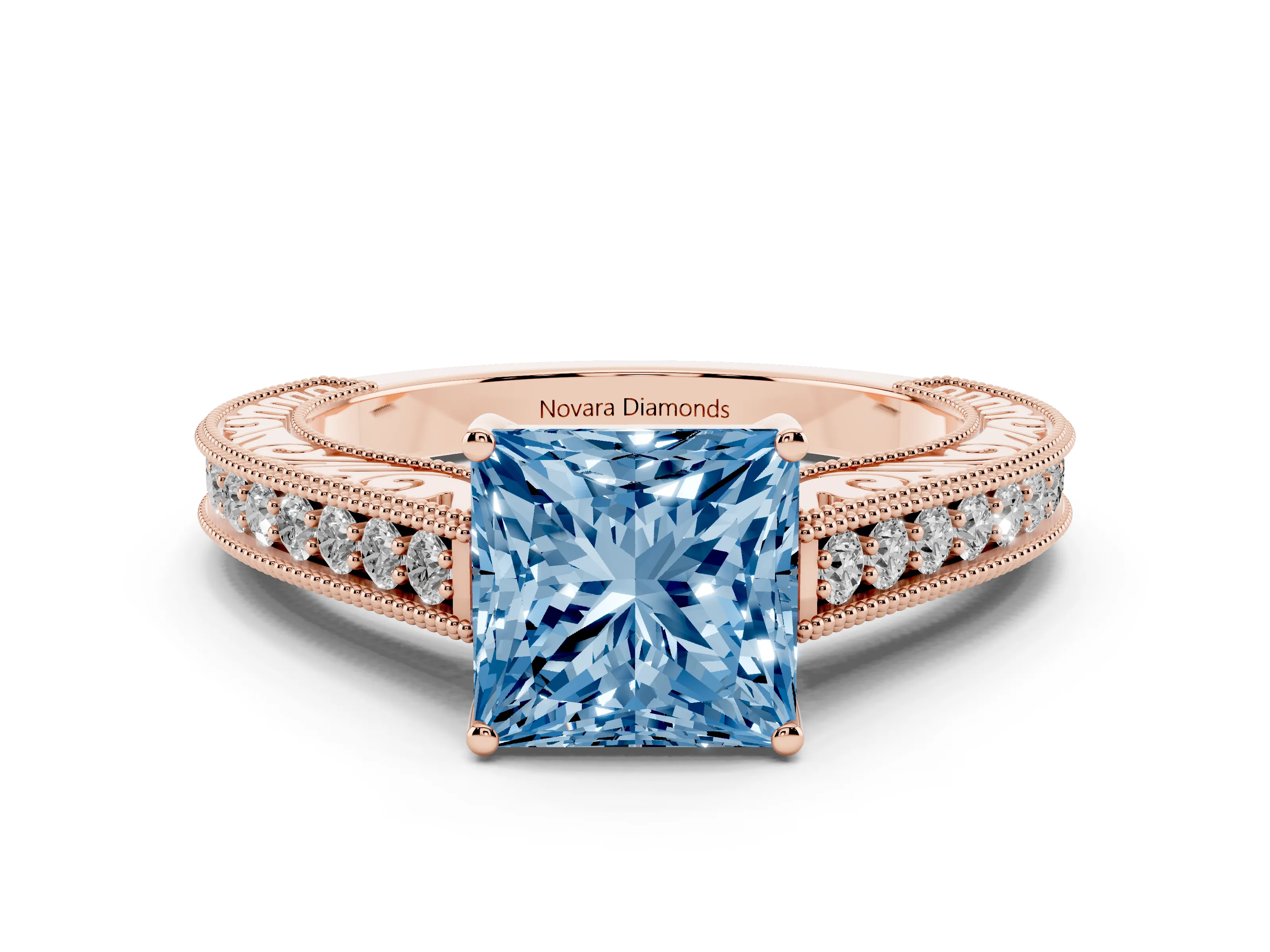 Fancy Blue Princess Cut Diamond Milgrain Pavé Band Solitaire Ring Set in Rose gold with Prong Setting