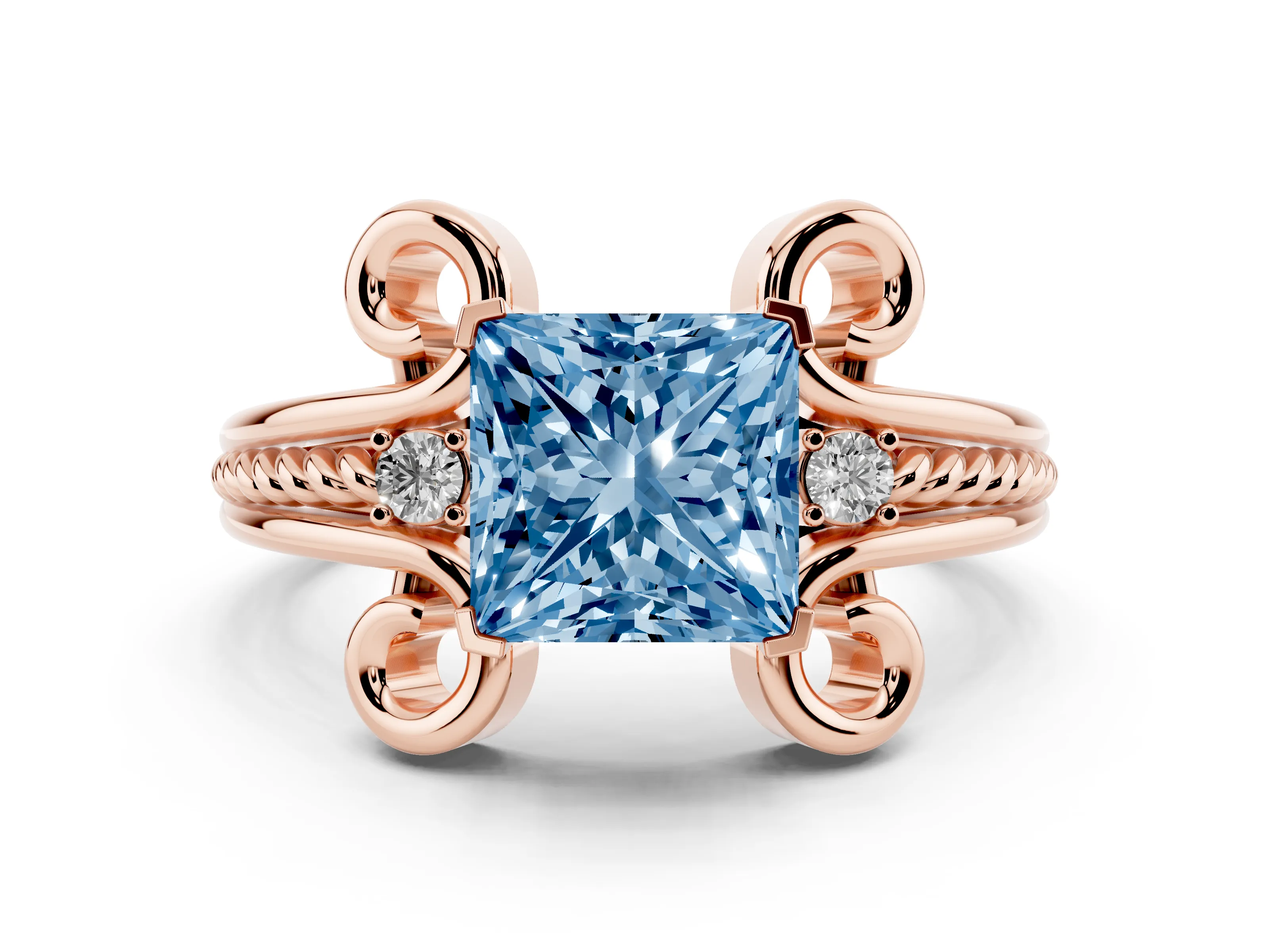 Fancy Blue Princess Cut Diamond Twisted Band Solitaire Ring Set in Rose gold with Scroll Prongs