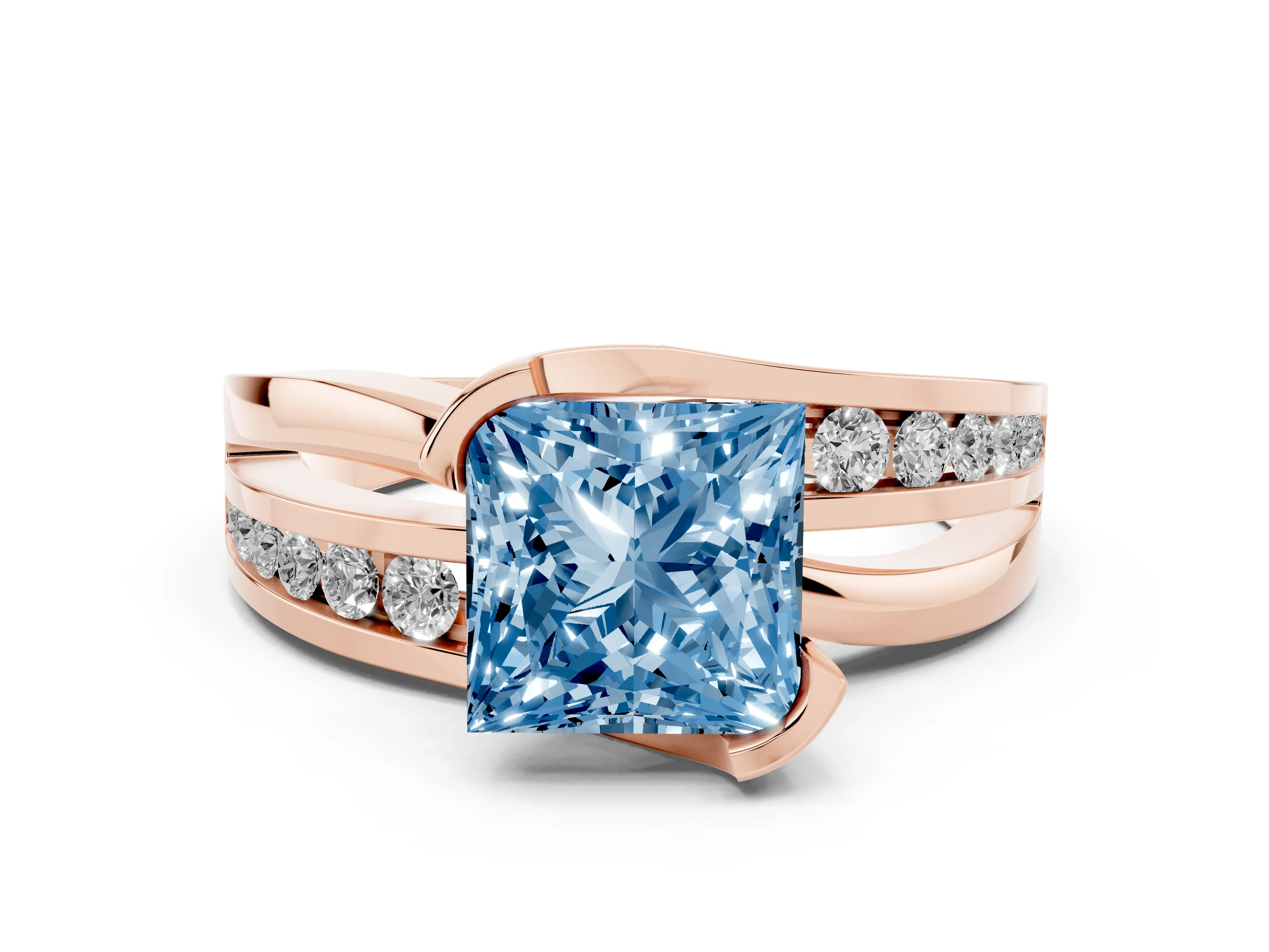 Fancy Blue Princess Cut Diamond Solitaire Ring Set in Rose gold with Channel Set Split Shank and Tension Prongs