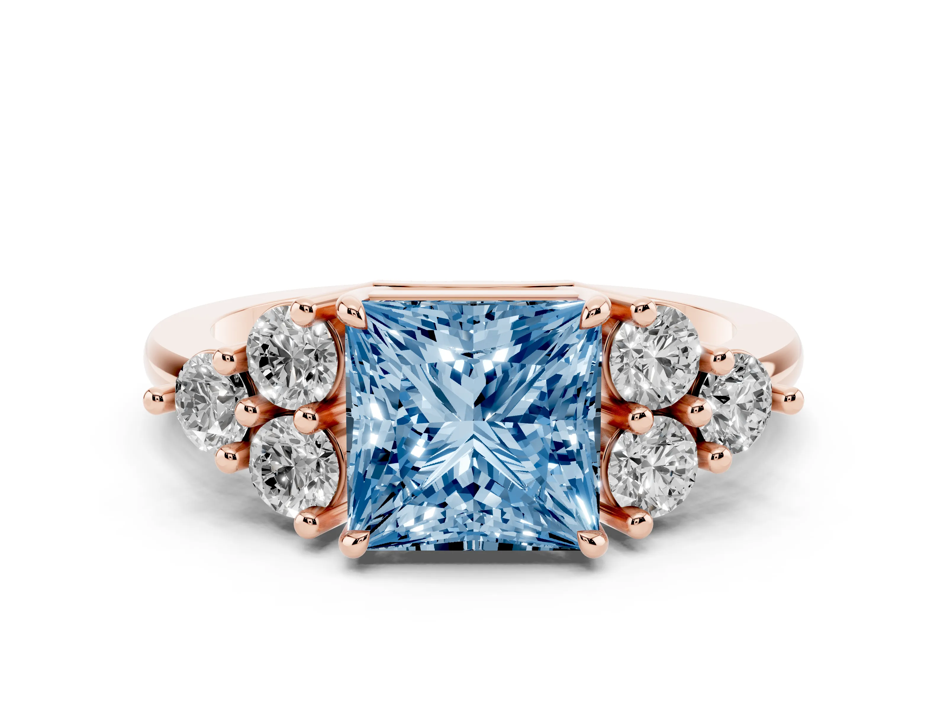 Fancy Blue Princess Cut Diamond Solitaire Ring Set in Rose gold with Cluster Accents on Each Side