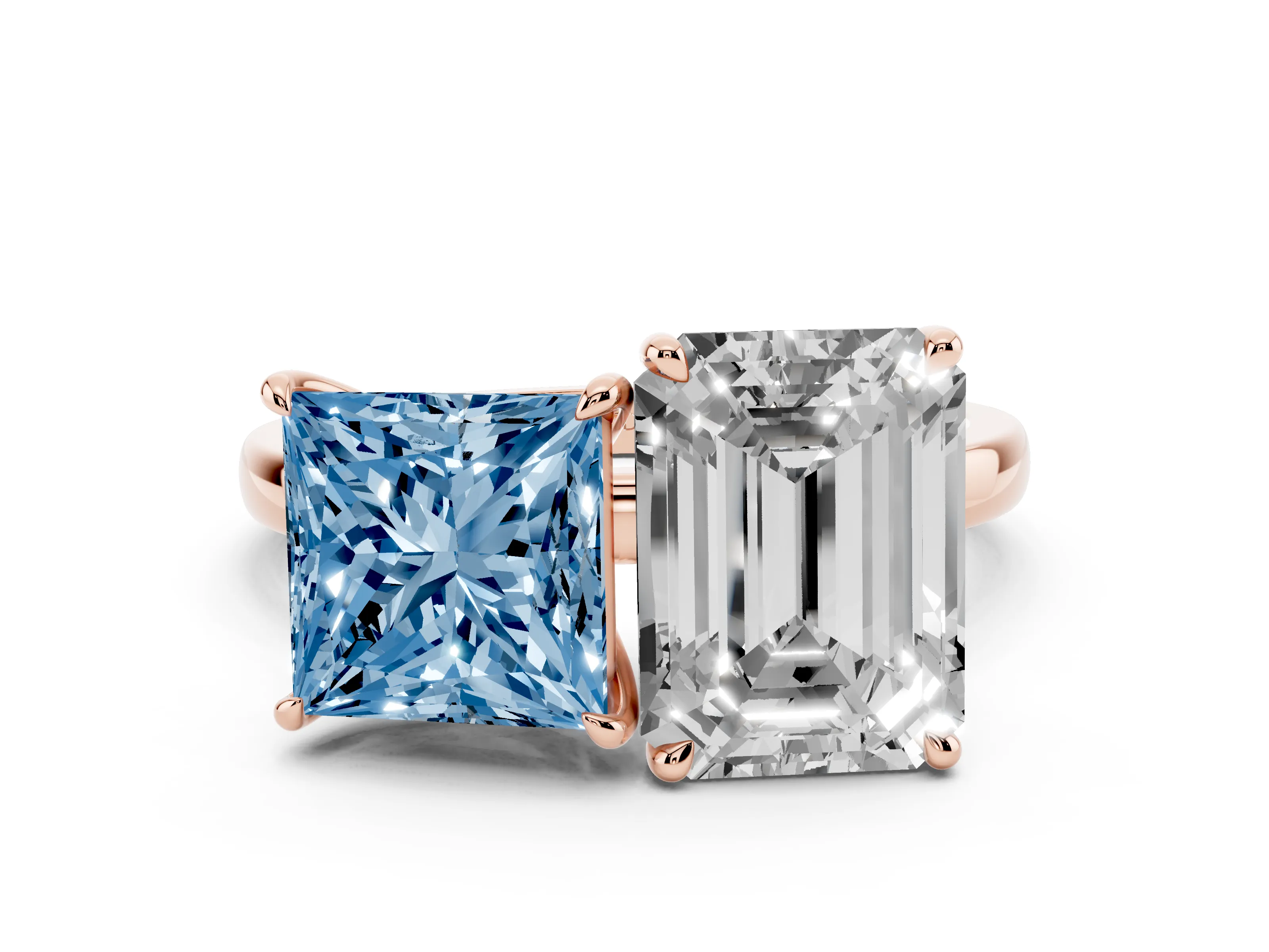 Fancy Blue Princess Cut and Emerald Cut Toi Moi Ring Set in Rose gold with Prong Setting