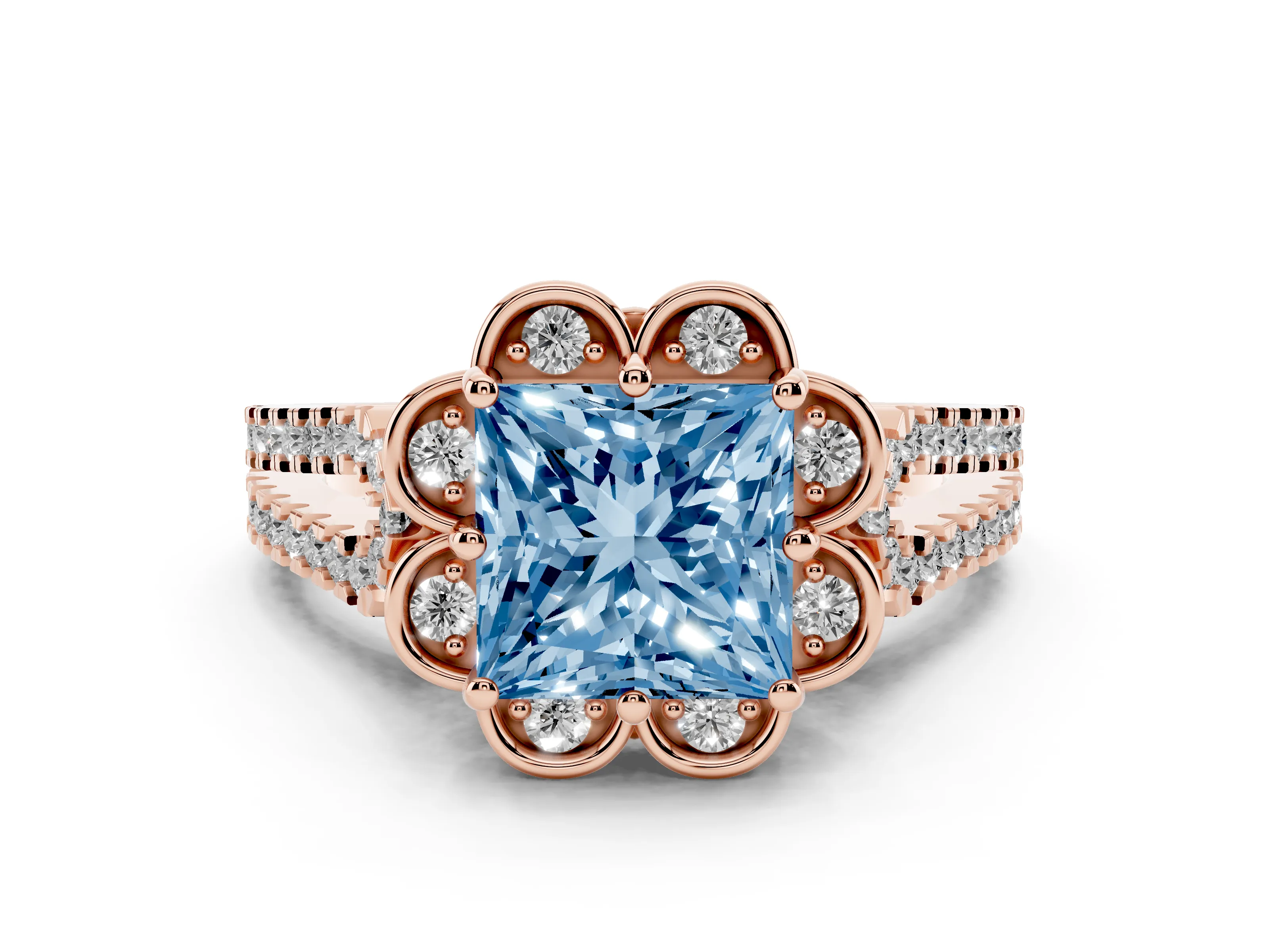 Fancy Blue Princess Cut Diamond Floral Halo Split Shank Engagement Ring Set in Rose gold with Pavé Shank