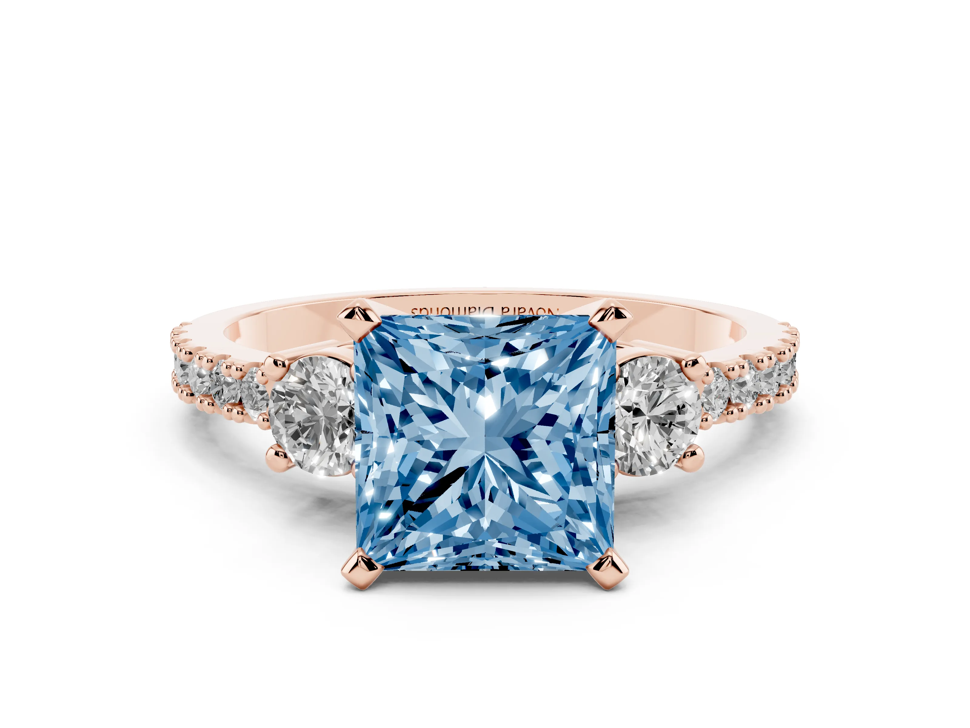 Fancy Blue Three-Stone Princess Cut Diamond Pavé Band Ring Set in Rose gold with Prong Setting