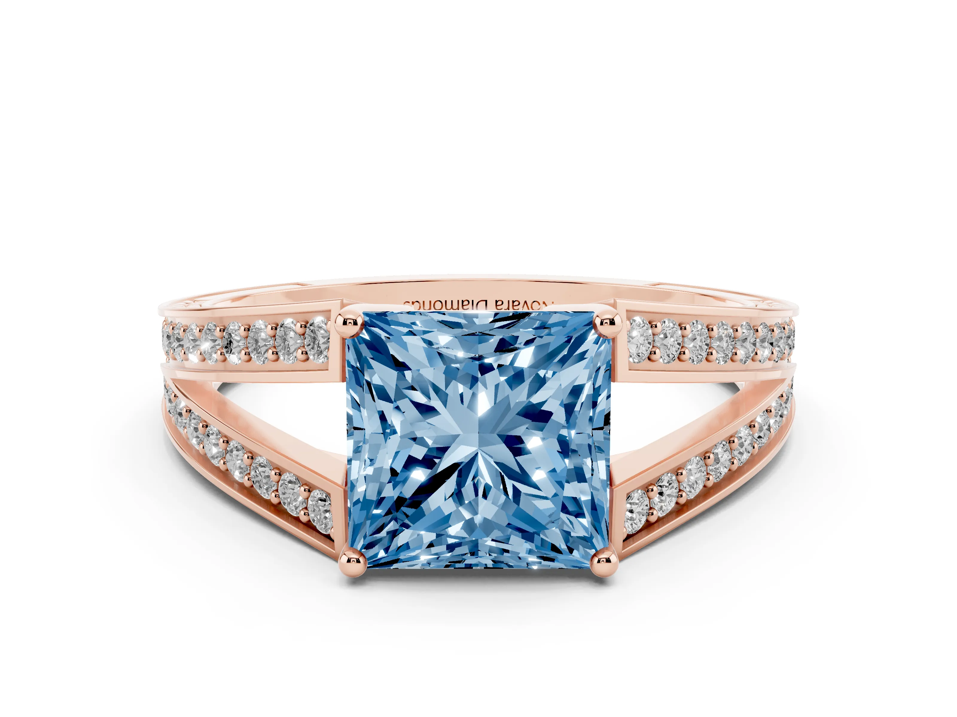 Fancy Blue Princess Cut Diamond Split Shank Ring Set in Rose gold with Pavé Band and Prong Setting