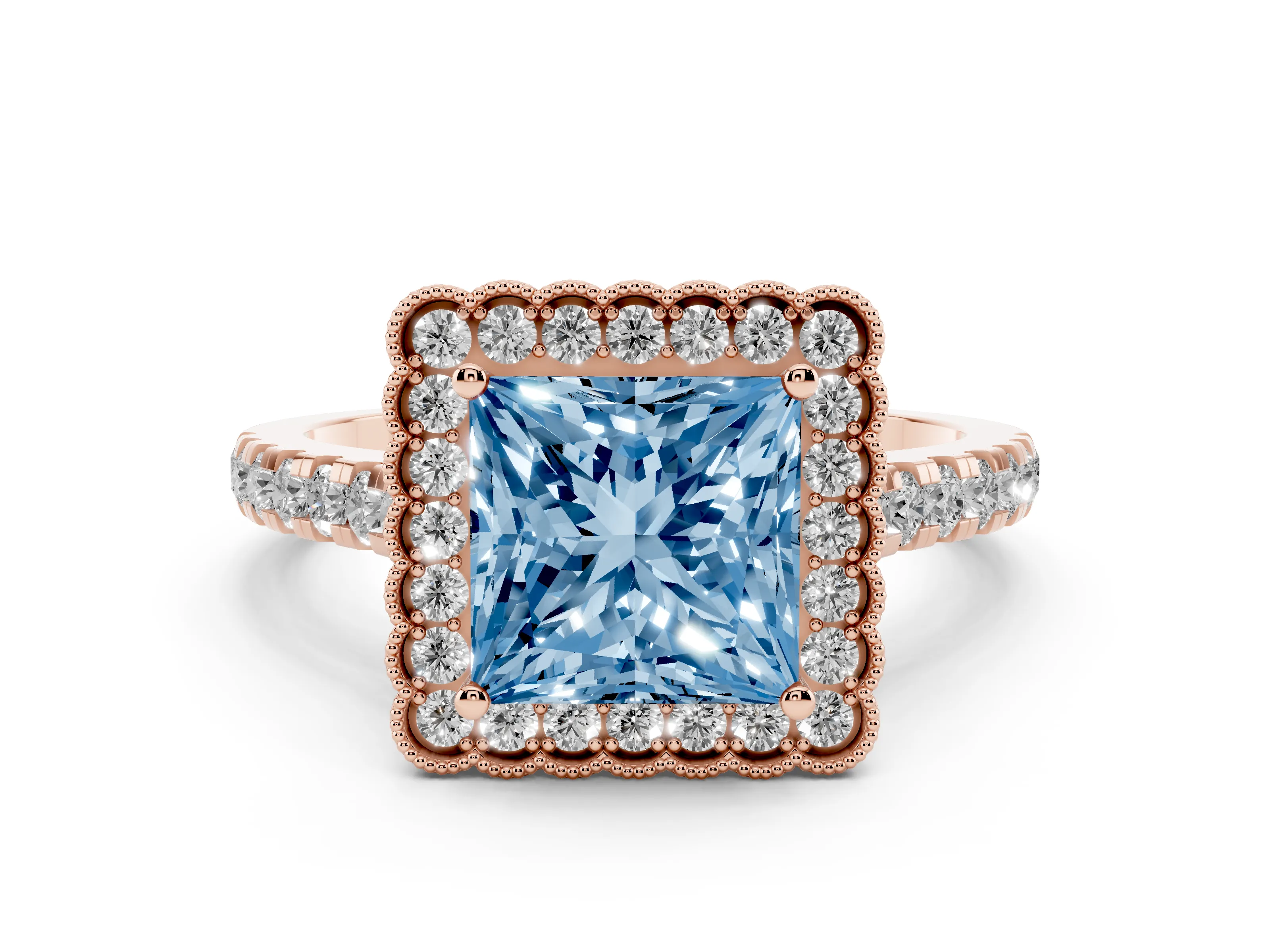 Fancy Blue Princess Cut Diamond Milgrain Floral Halo Engagement Ring Set in Rose gold with Pavé Band
