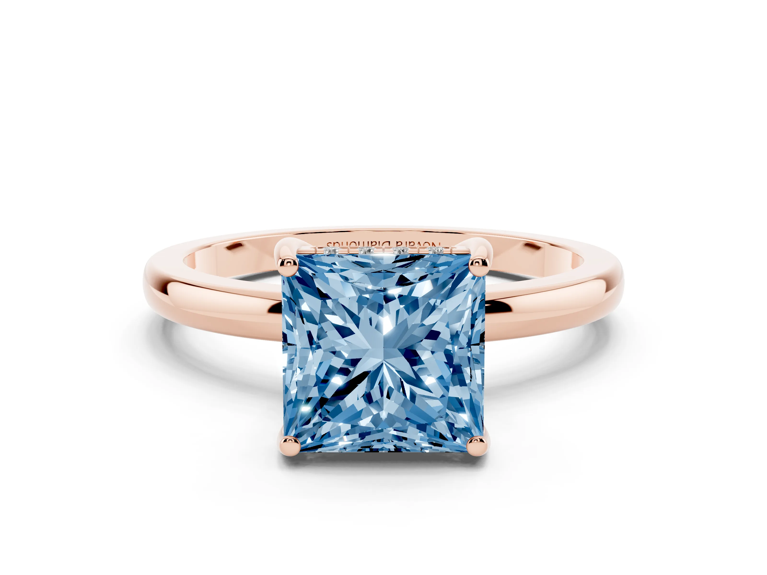 Fancy Blue Princess Cut Diamond Solitaire Ring Set in Rose gold with Plain Band and Prong Setting