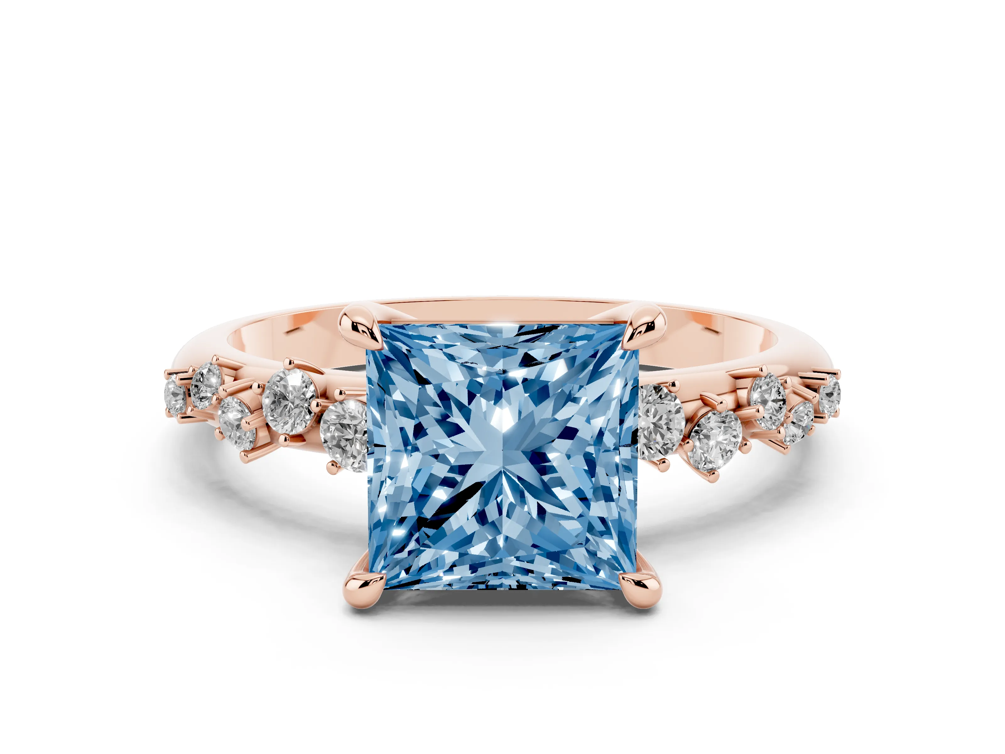 Fancy Blue Princess Cut Diamond Solitaire Vine Band Ring Set in Rose gold with Round Accents and Prong Setting