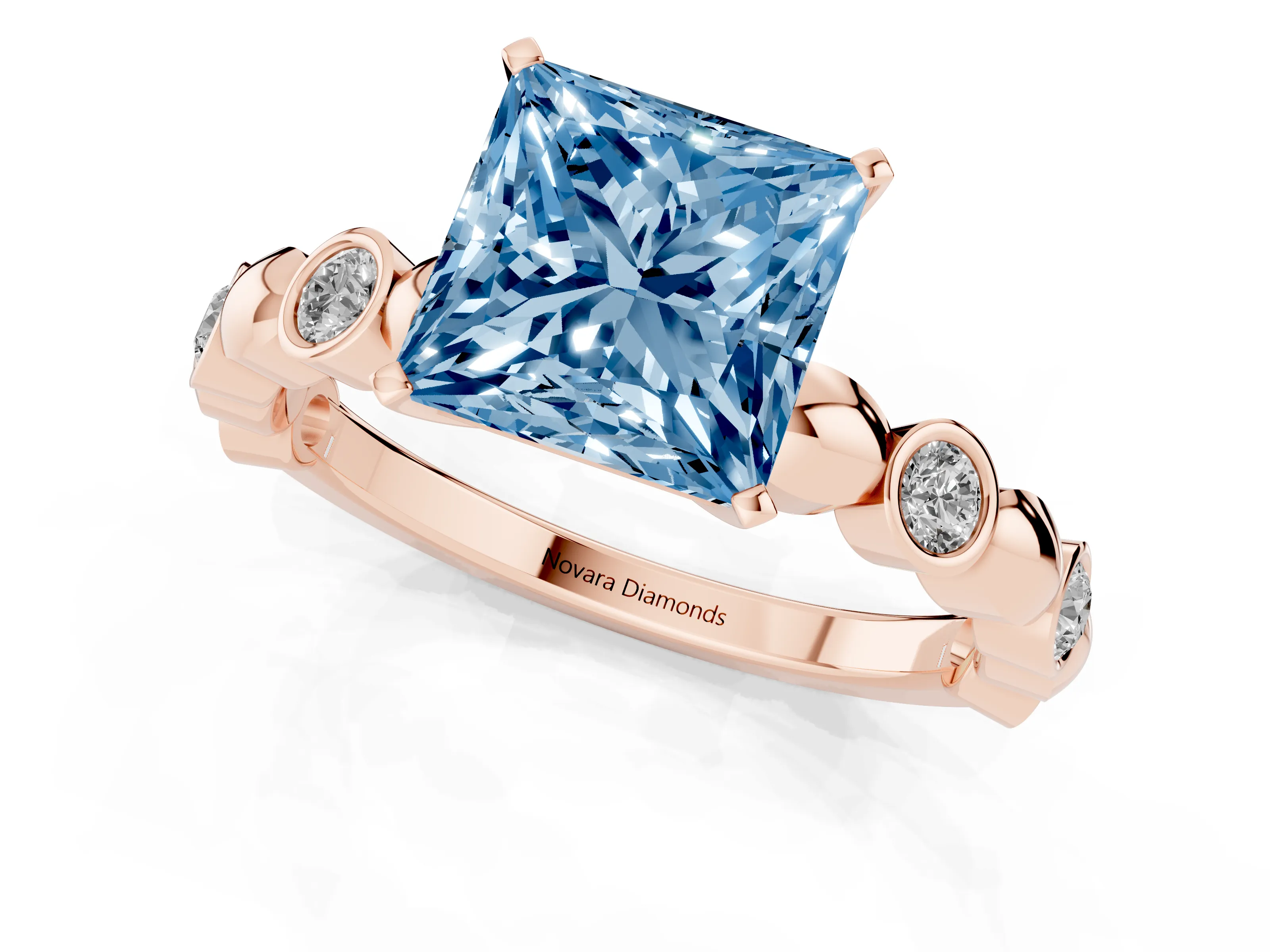 Fancy Blue Princess Cut Diamond Solitaire Ring Set in Rose gold with Bezel-Set Accents on Beaded Band and Prong Setting