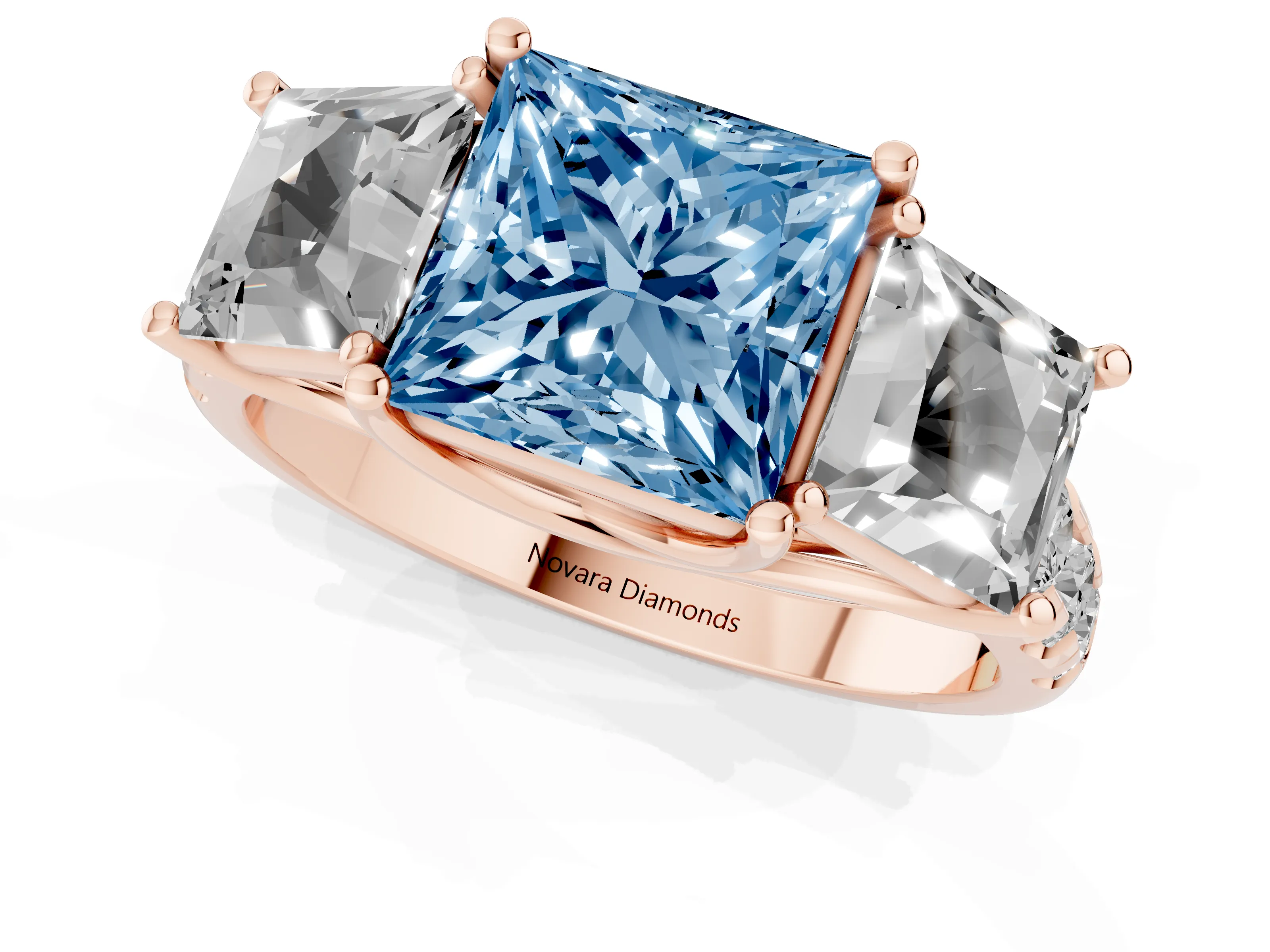 Fancy Blue Princess Cut Diamond Three-Stone Ring Set in Rose gold with Pavé Band