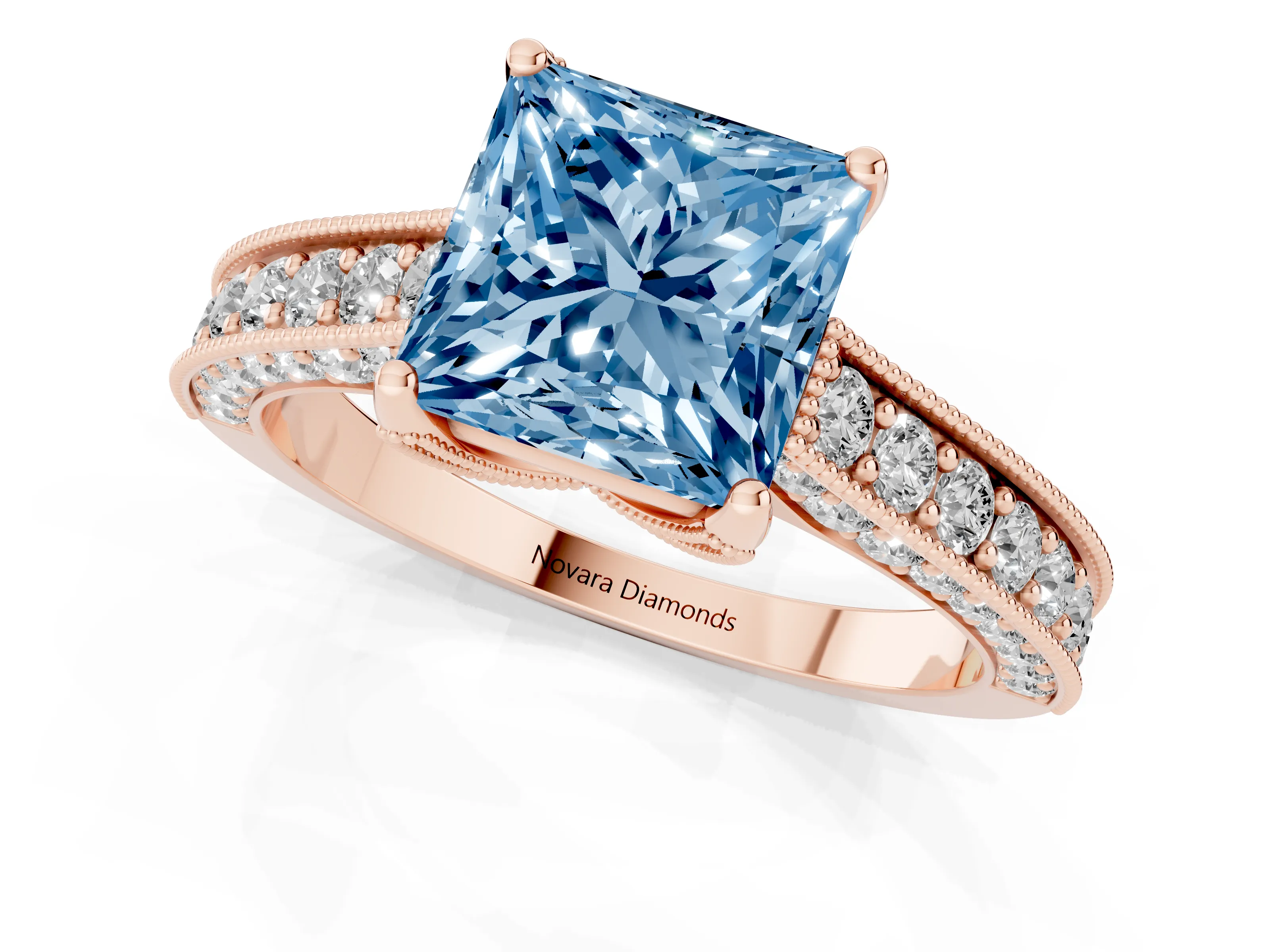 Fancy Blue Princess Cut Diamond Solitaire Ring Set in Rose gold with Milgrain-Edged Pavé Band and Prong Setting