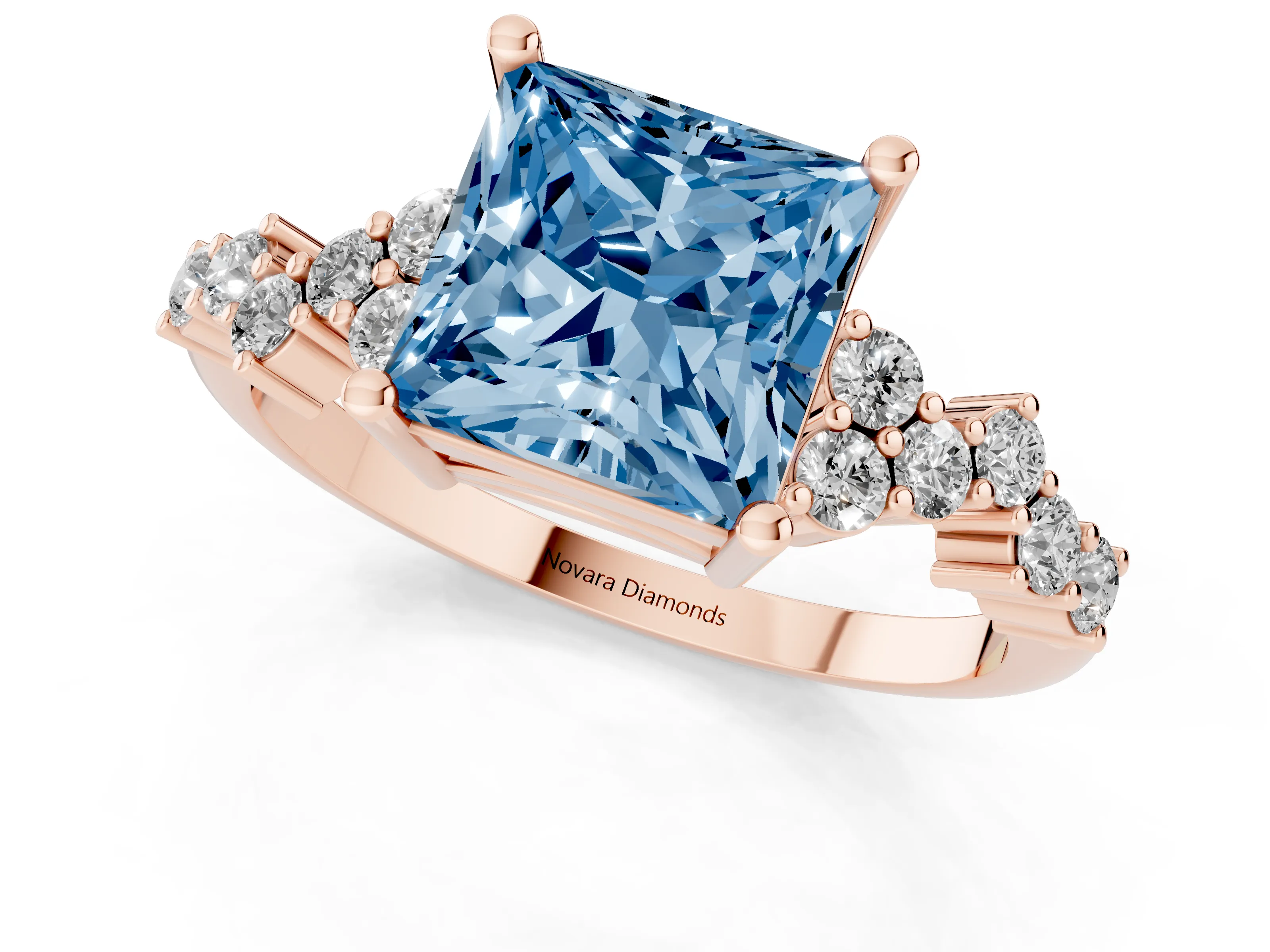 Fancy Blue Princess Cut Diamond Ring Set in Rose gold with Scattered Round Accents