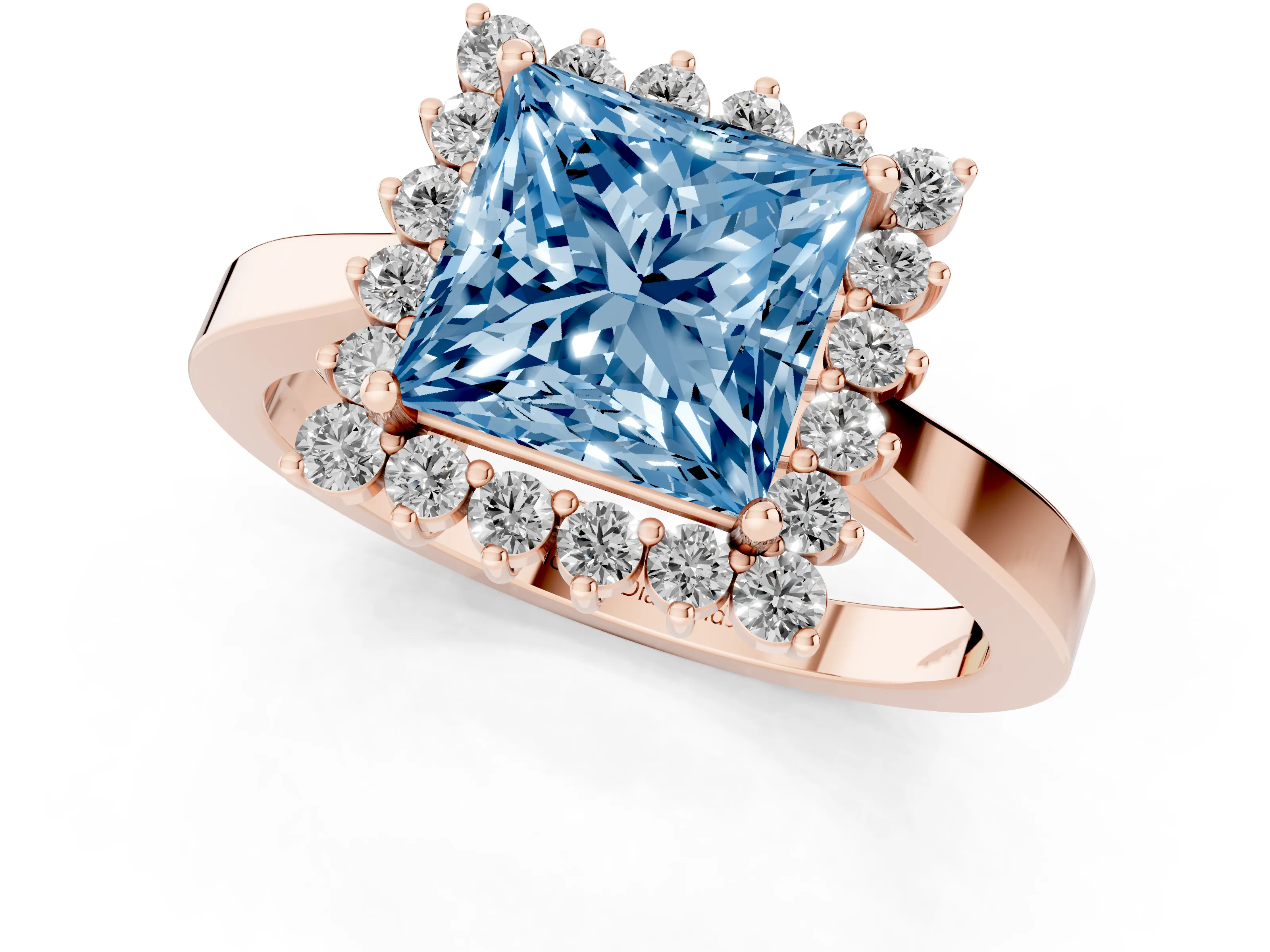 Fancy Blue Princess Cut Diamond Halo Ring Set in Rose gold with Round Halo and Smooth Solitaire Band