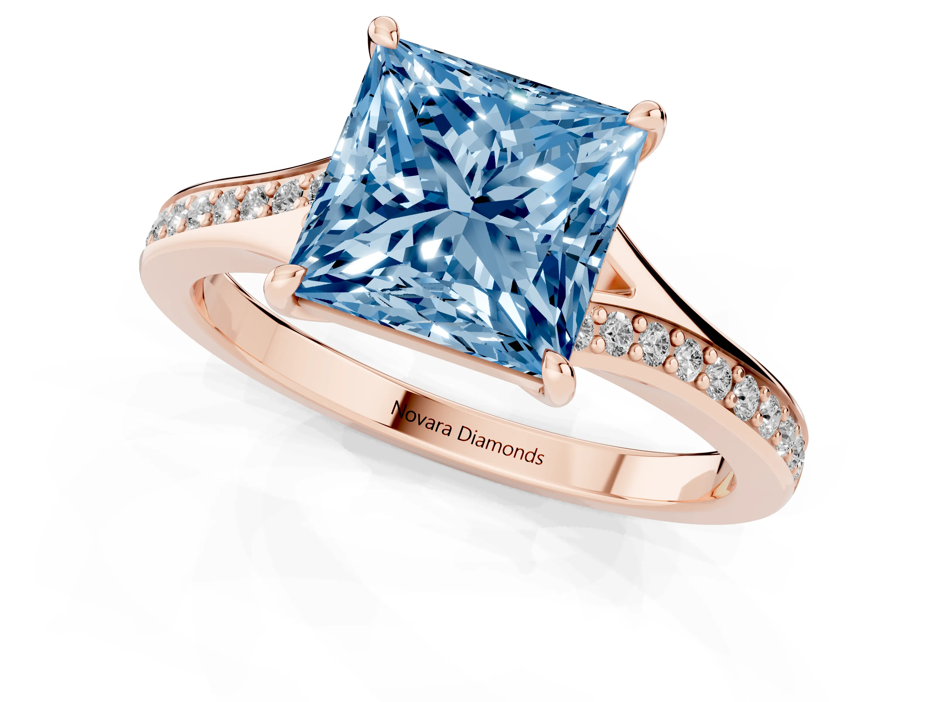 Fancy Blue Princess Cut Diamond Solitaire Ring Set in Rose gold with Pavé Accent Band and Classic Prong Setting