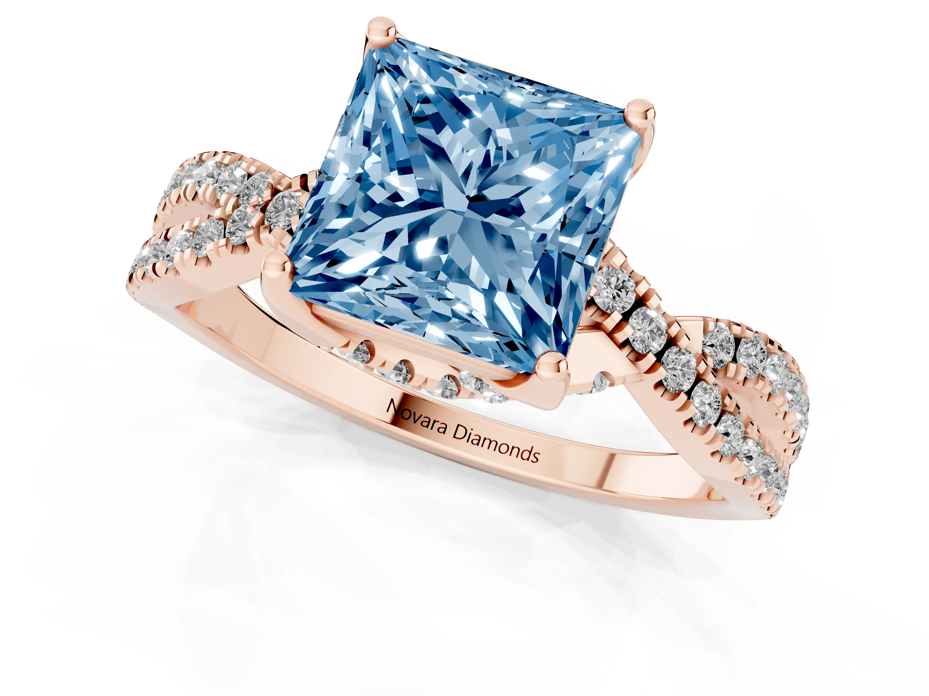 Fancy Blue Princess Cut Diamond Twist Pavé Solitaire Engagement Ring Set in Rose gold with Prong Setting