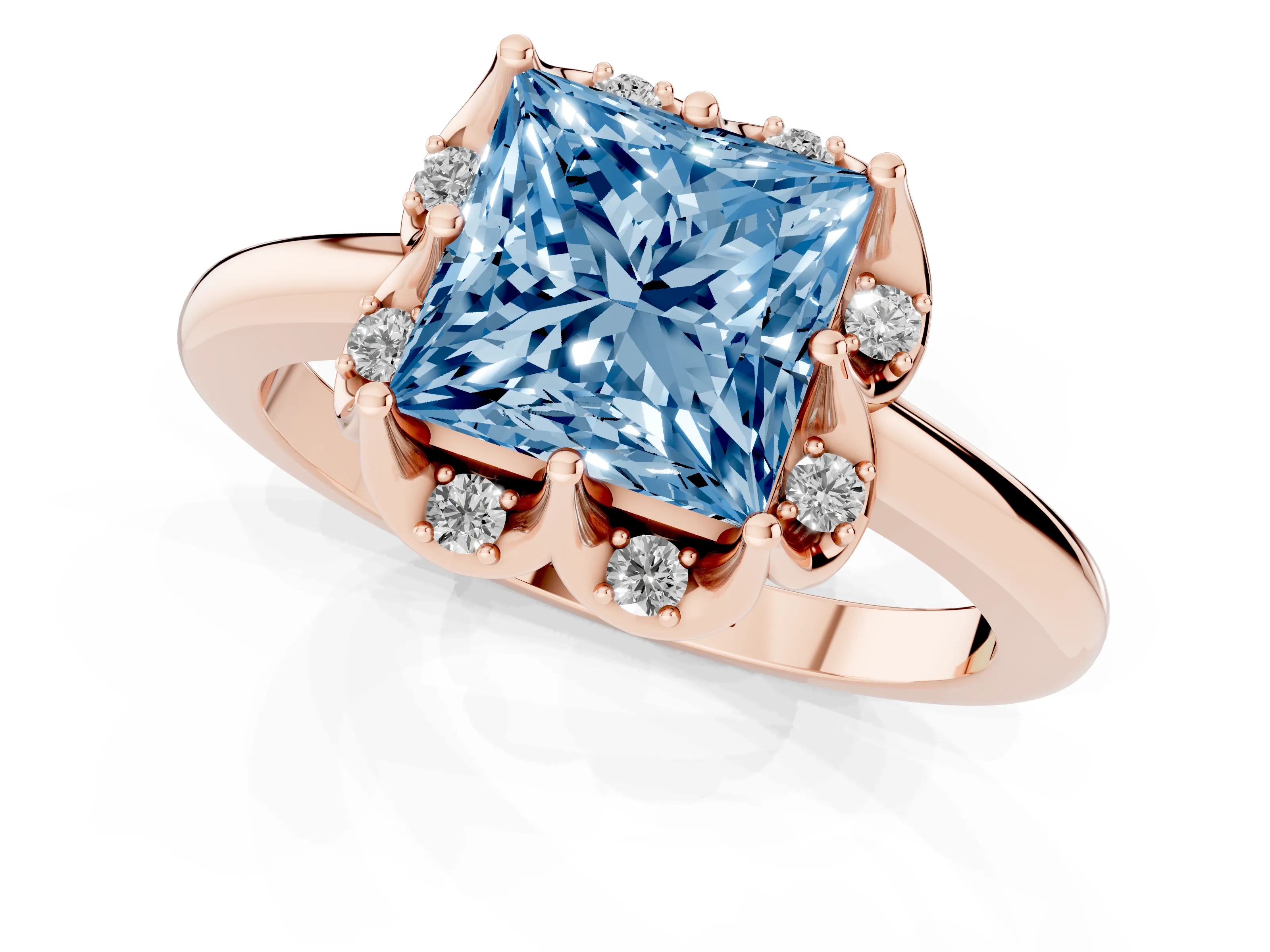 Fancy Blue Princess Cut Diamond Round Cluster Halo Ring Set in Rose gold with Solitaire Band and Prong Setting