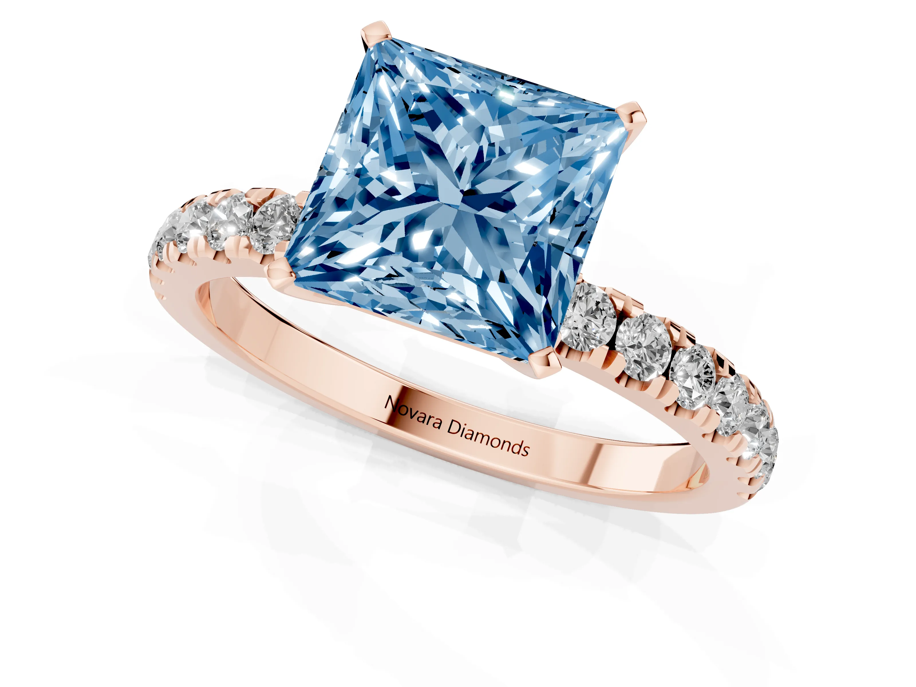 Fancy Blue Princess Cut Diamond Solitaire Ring Set in Rose gold with Pavé Accents and Prong Setting