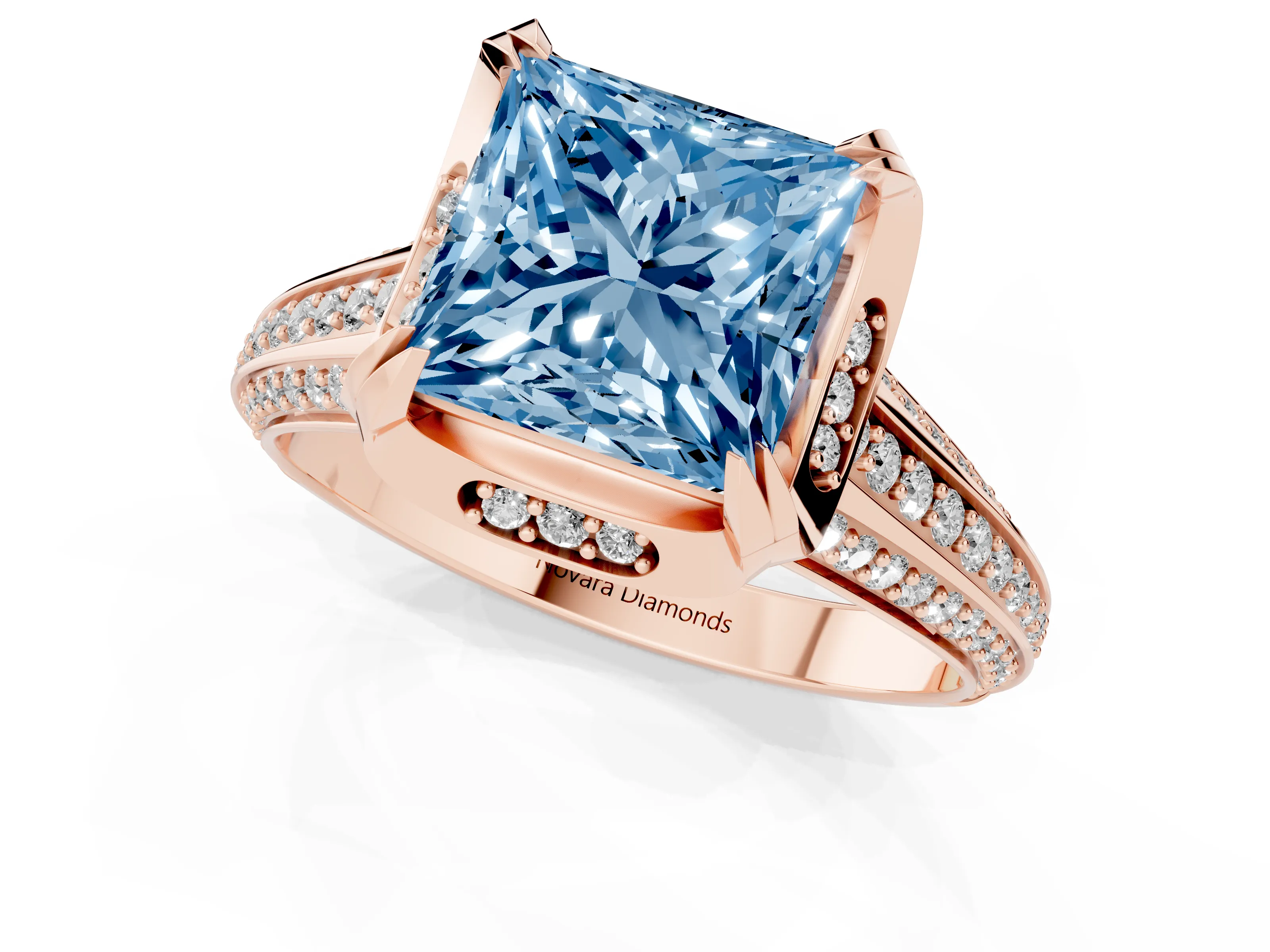 Fancy Blue Princess Cut Diamond Pavé Split Shank Solitaire Ring Set in Rose gold with Prong Setting