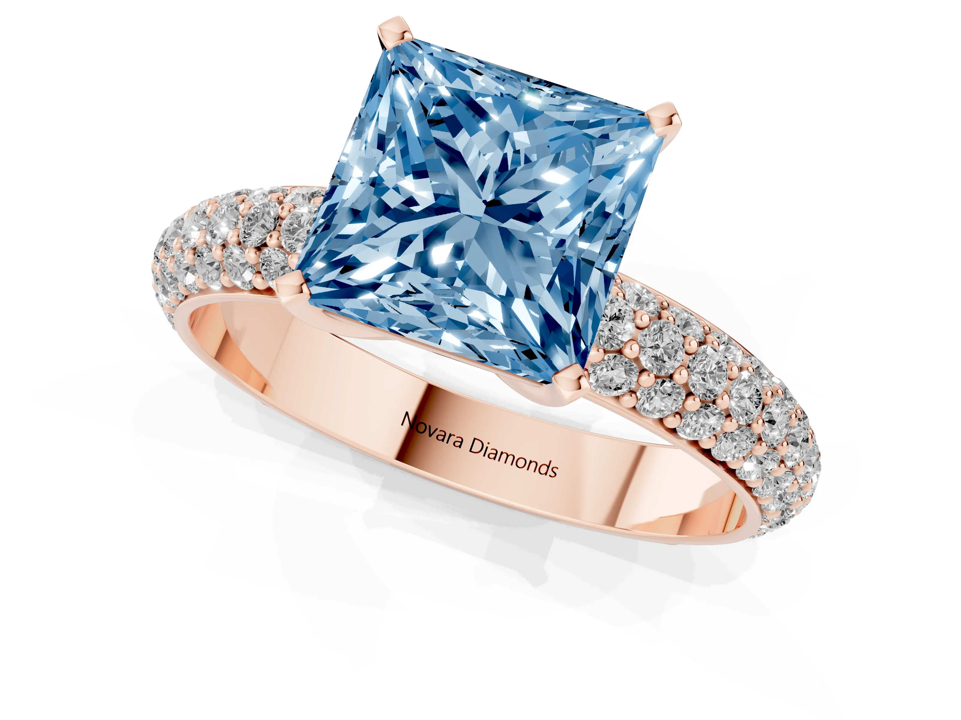 Fancy Blue Princess Cut Diamond Solitaire Ring Set in Rose gold with Prong Setting and Pavé-Set Band