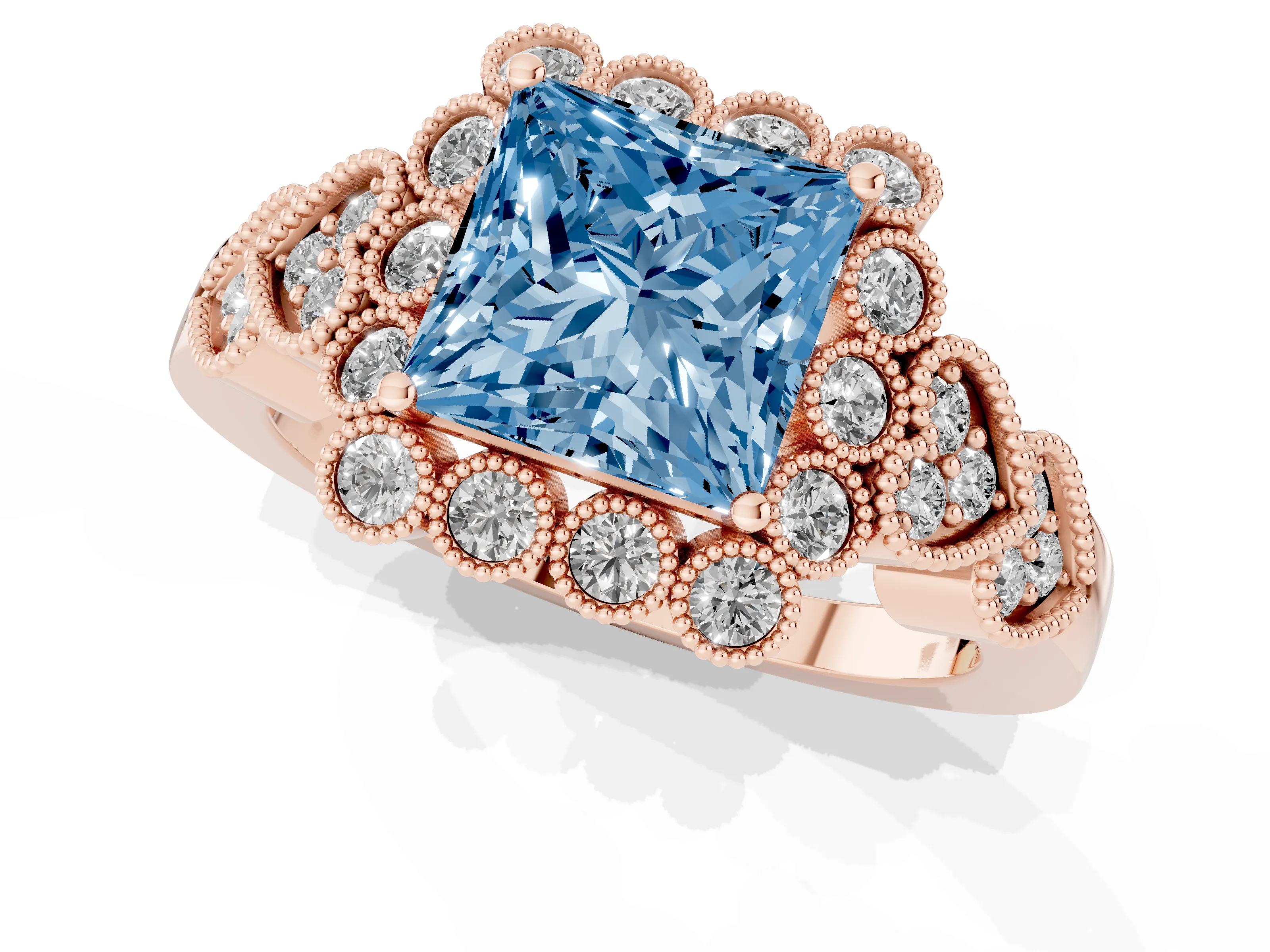Fancy Blue Princess Cut Diamond Solitaire Ring Set in Rose gold with Milgrain Pavé Heart Band