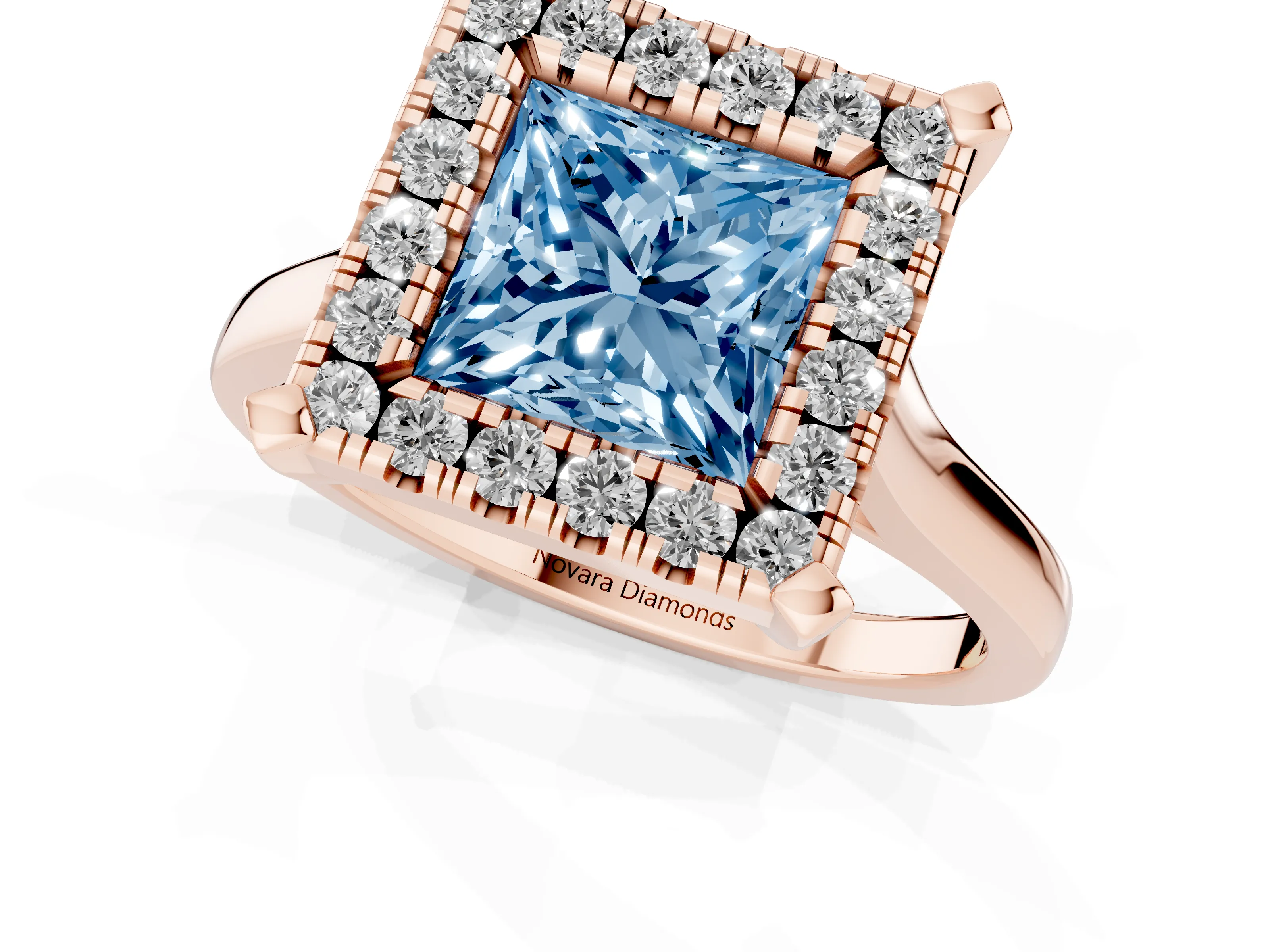 Fancy Blue Princess Cut Diamond Cluster Halo Solitaire Ring Set in Rose gold with Prong Setting