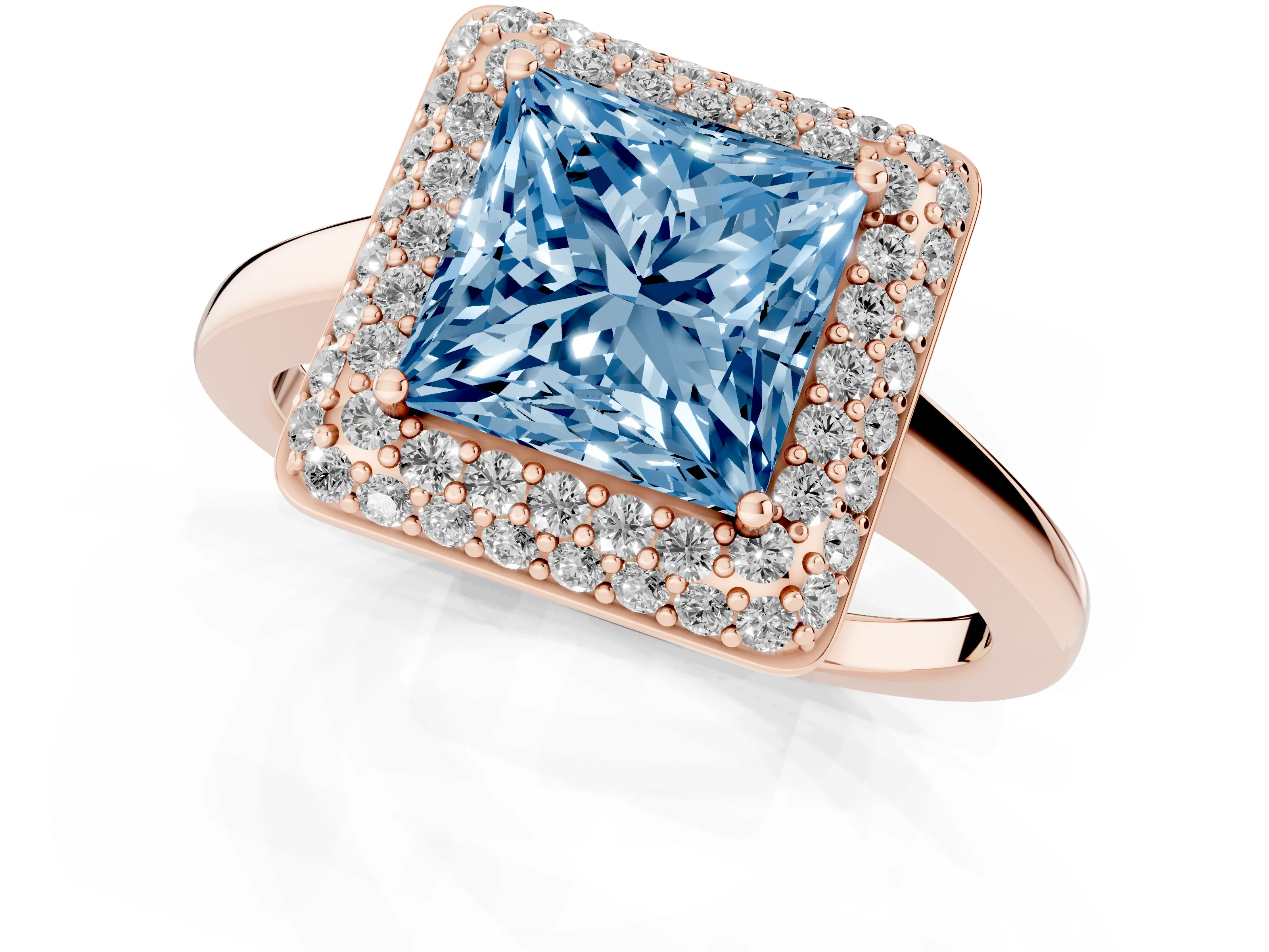 Fancy Blue Princess Cut Diamond Halo Engagement Ring Set in Rose gold with Solitaire Band and Prong Setting