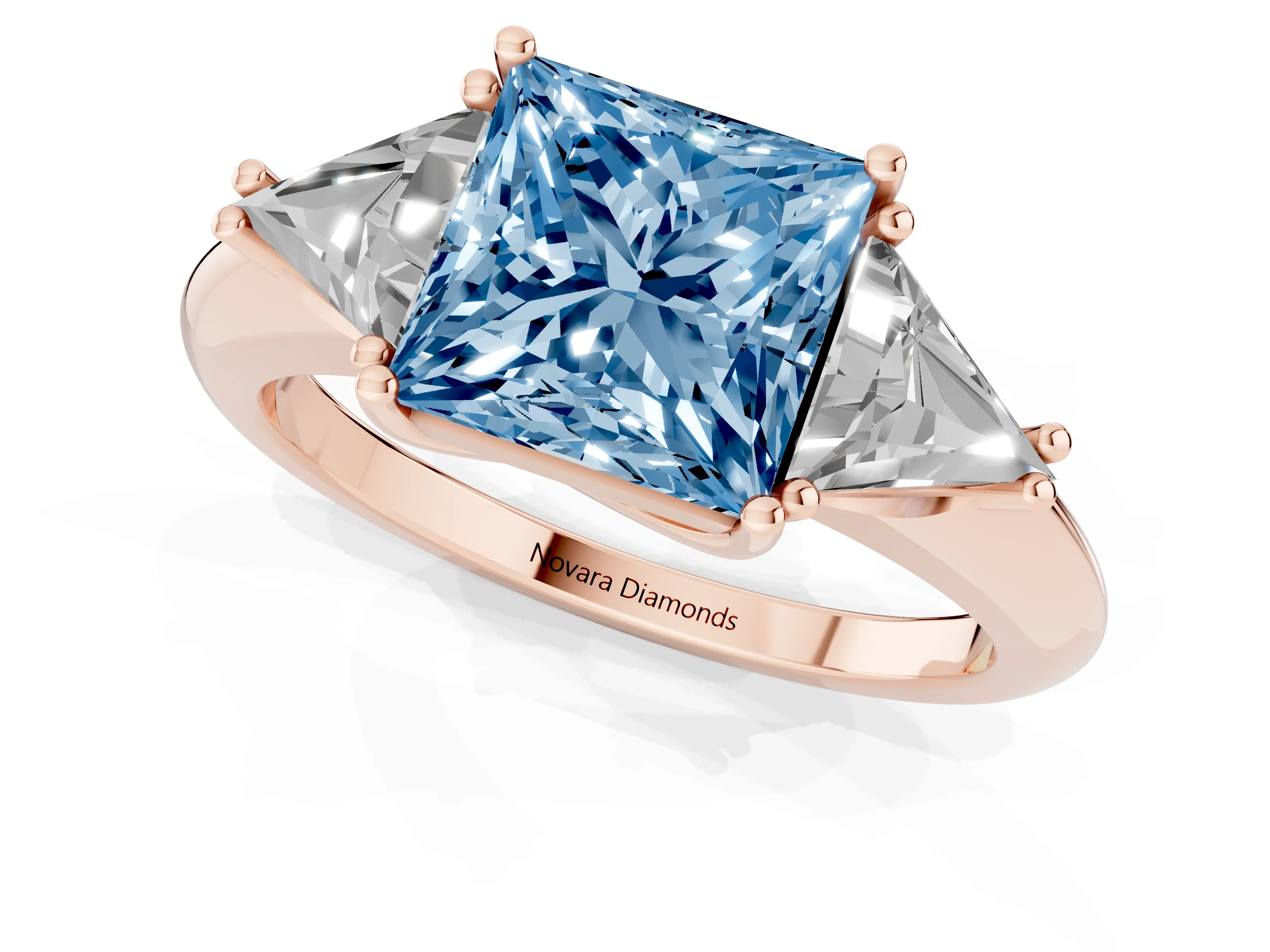 Fancy Blue Princess Cut Diamond Three-Stone Engagement Ring Set in Rose gold with Trillion Side Stones