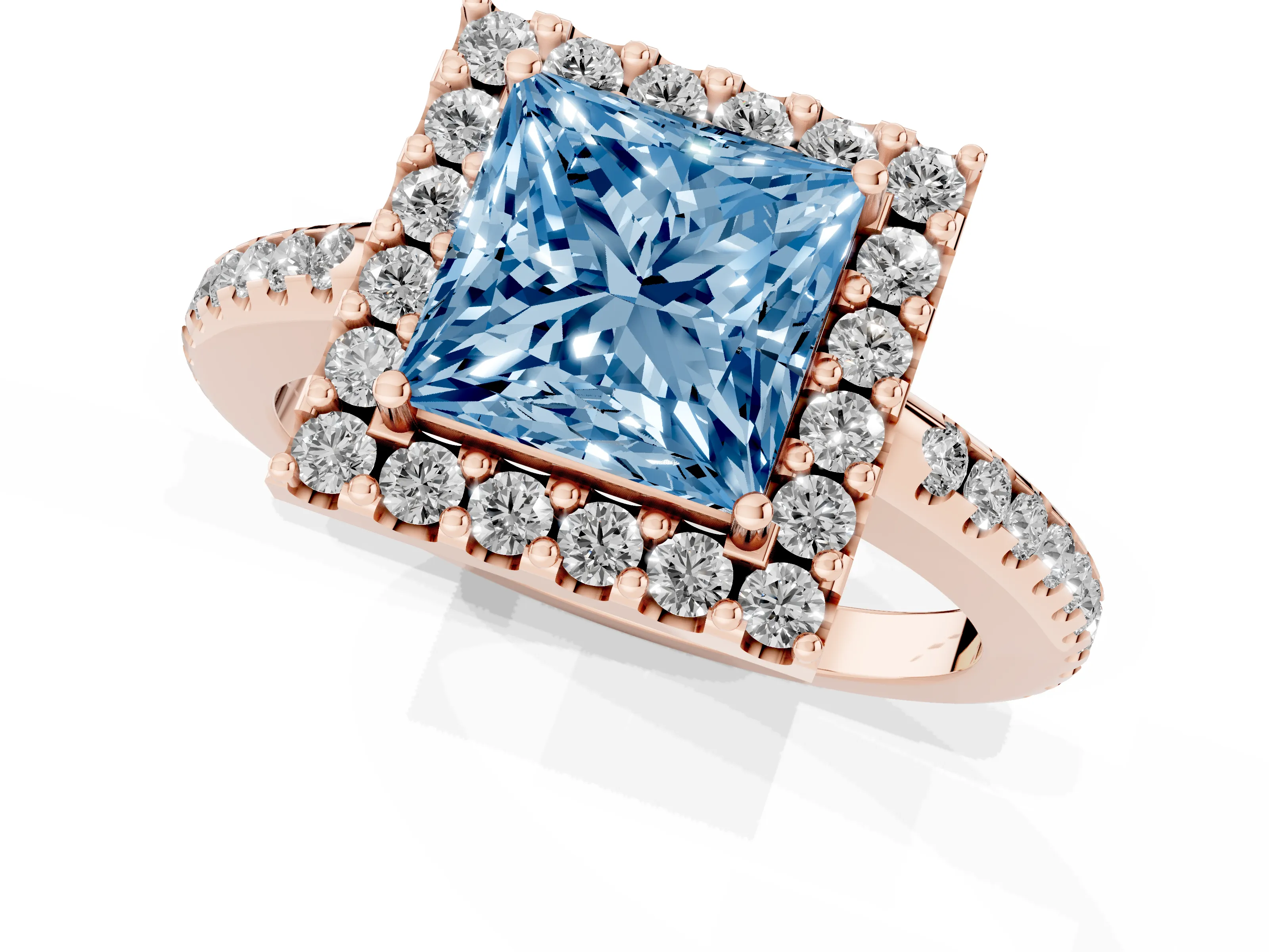 Fancy Blue Princess Cut Diamond Pavé Halo Ring Set in Rose gold with Prong Setting