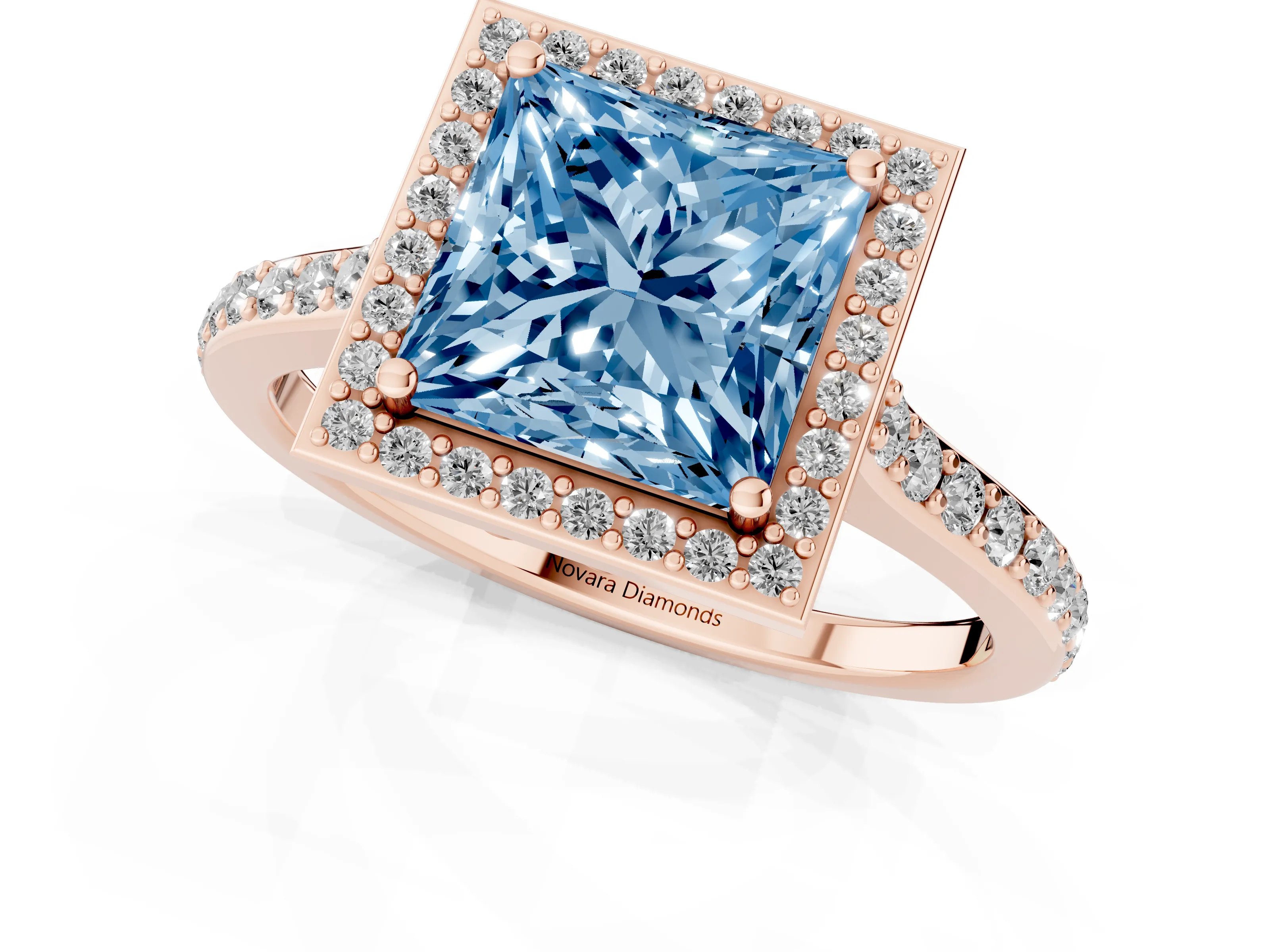 Fancy Blue Princess Cut Diamond Halo Engagement Ring Set in Rose gold with Round Pavé Shoulders and Heart Gallery