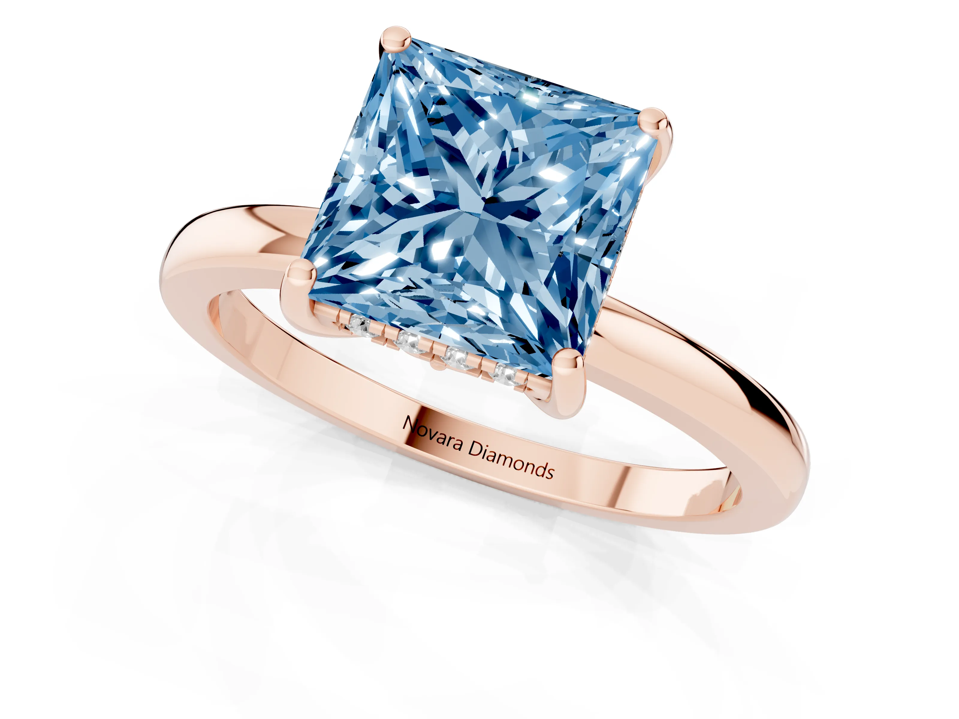 Fancy Blue Princess Cut Diamond Solitaire Ring Set in Rose gold with Plain Band and Prong Setting