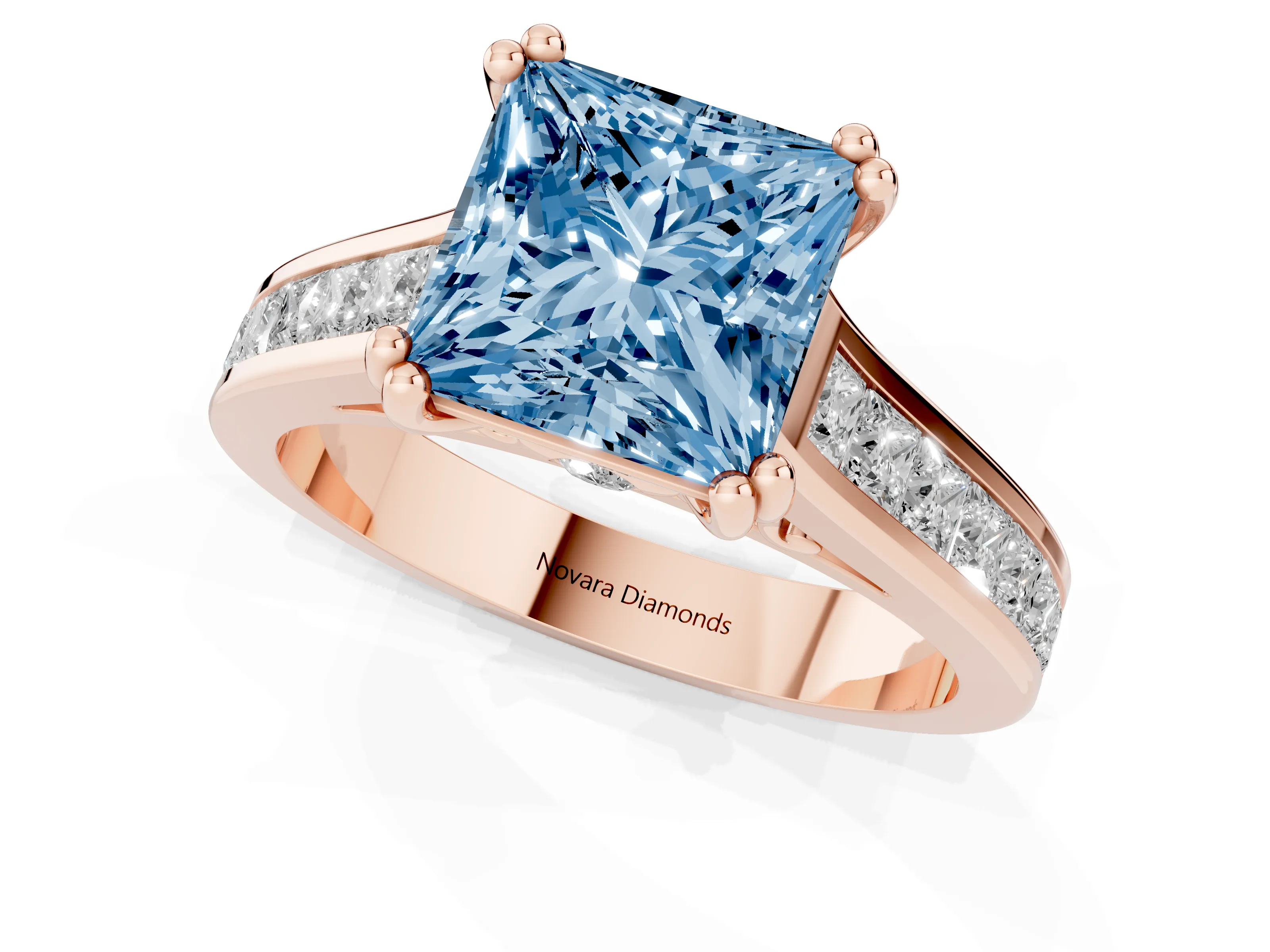 Fancy Blue Princess Cut Diamond Channel Set Solitaire Engagement Ring Set in Rose gold with Prong Setting
