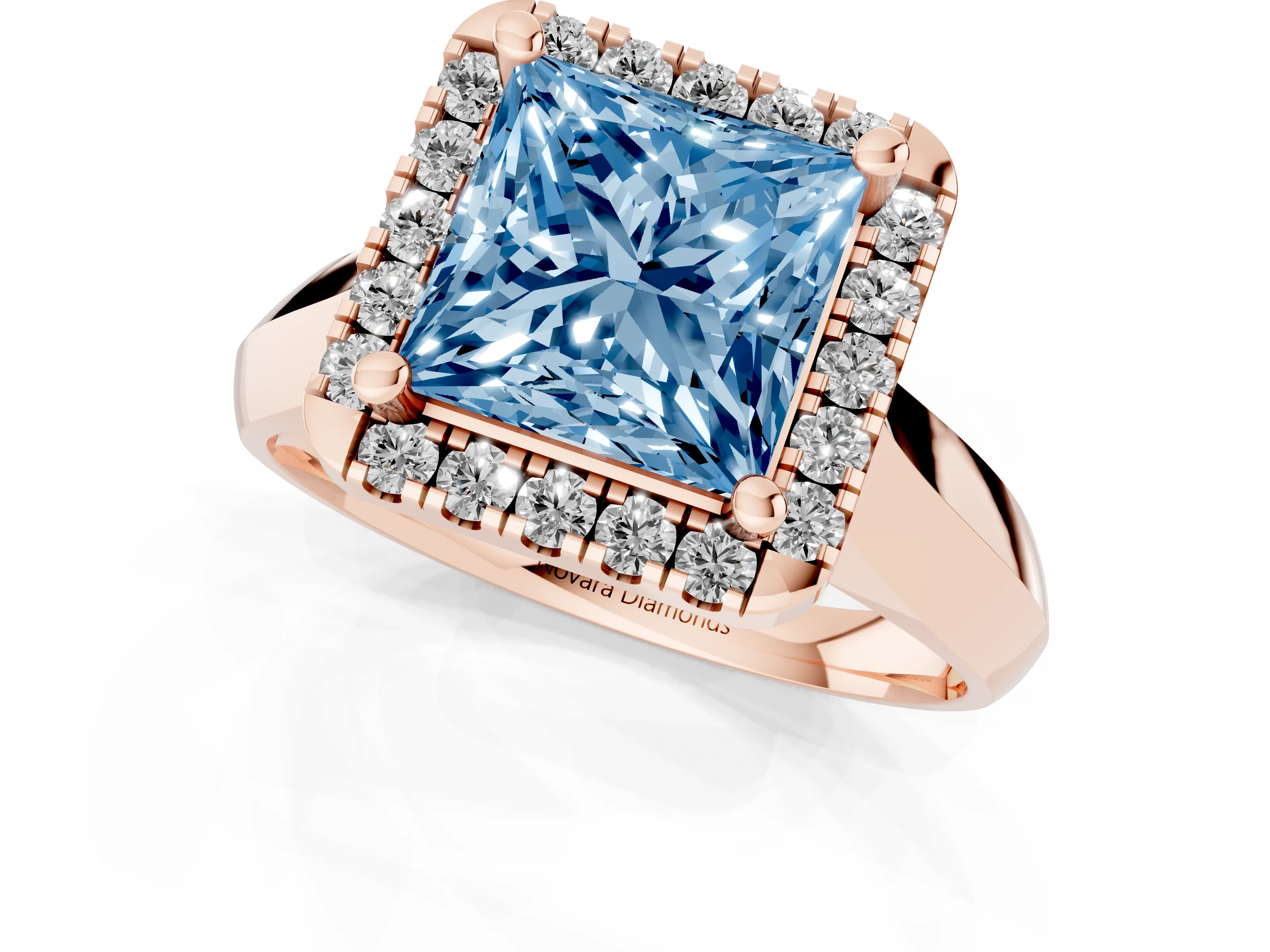 Fancy Blue Princess Cut Diamond Halo Solitaire Engagement Ring Set in Rose gold with Square Band and Prong Setting