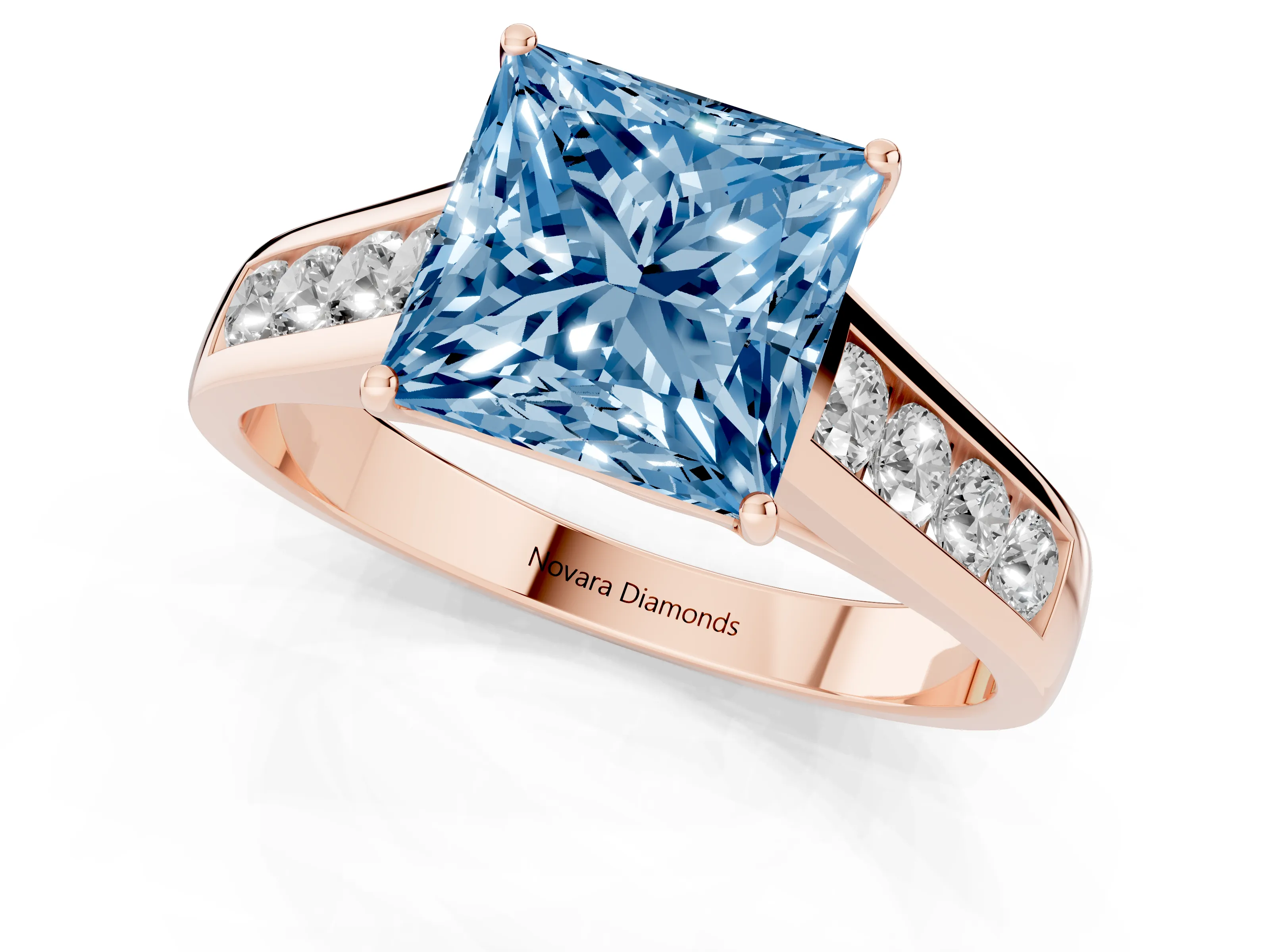 Fancy Blue Princess Cut Diamond Solitaire Channel-Set Engagement Ring Set in Rose gold with Prong Setting