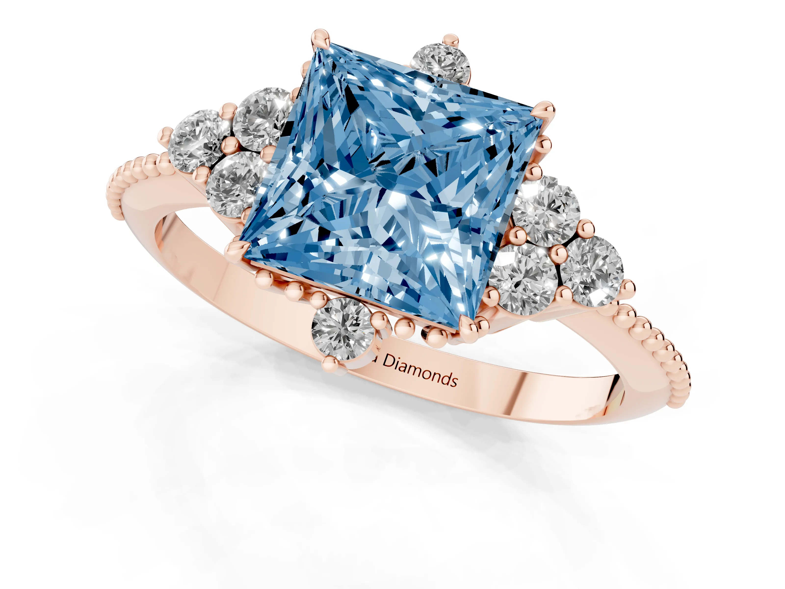 Fancy Blue Princess Cut Diamond Cluster Ring Set in Rose gold with Beaded Band