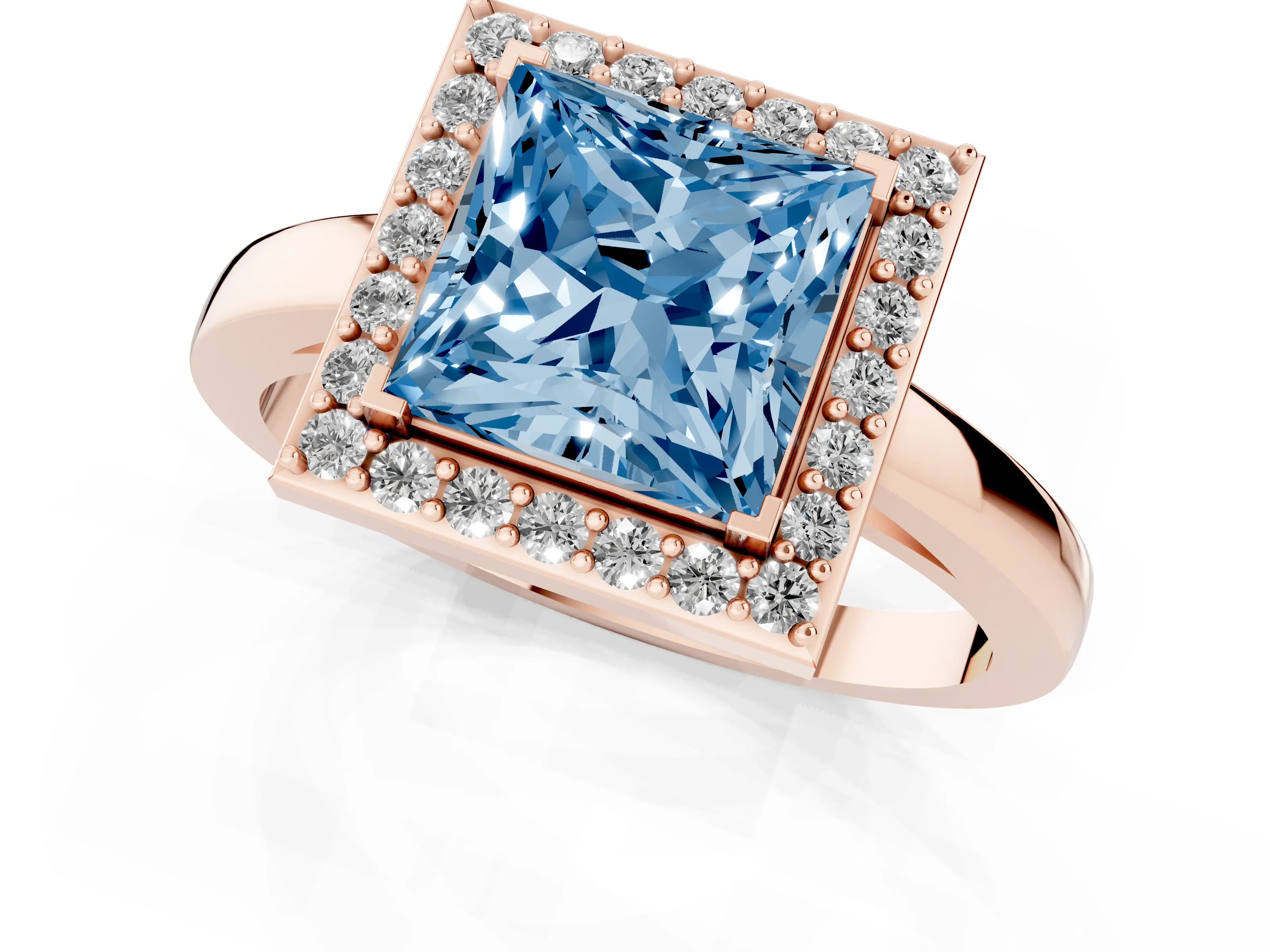 Fancy Blue Princess Cut Diamond Halo Ring Set in Rose gold with Solitaire Band and Prong Setting